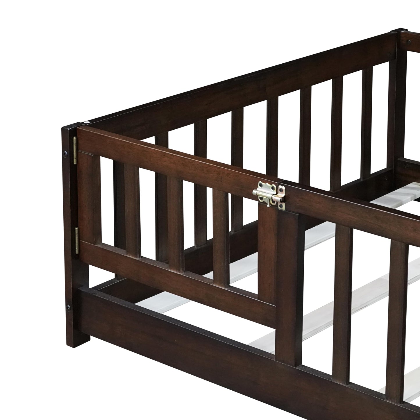 Bellemave Full Size Floor Bed with Slats and Safety Guardrail, Full Size Montessori Floor Bed with Fence and Door, Easy Assemble Montessori Beds for Kids, Girls, Boys, White