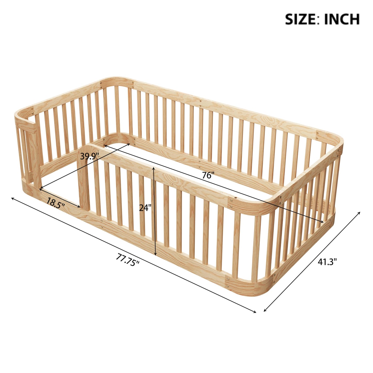 Bellemave Full Size Floor Bed with Slats and Safety Guardrail, Full Size Montessori Floor Bed with Fence and Door, Easy Assemble Montessori Beds for Kids, Girls, Boys, White