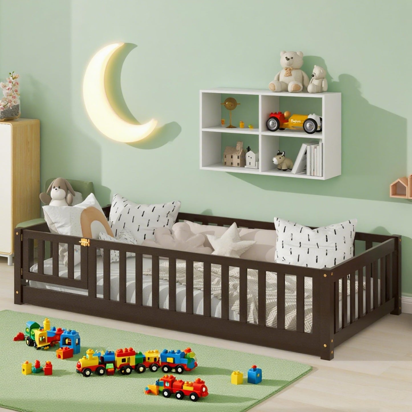 Bellemave Full Size Floor Bed with Slats and Safety Guardrail, Full Size Montessori Floor Bed with Fence and Door, Easy Assemble Montessori Beds for Kids, Girls, Boys, White