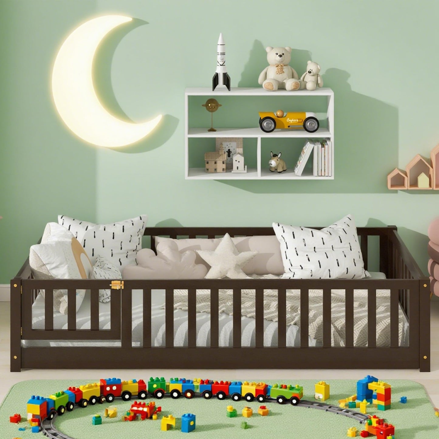 Bellemave Full Size Floor Bed with Slats and Safety Guardrail, Full Size Montessori Floor Bed with Fence and Door, Easy Assemble Montessori Beds for Kids, Girls, Boys, White