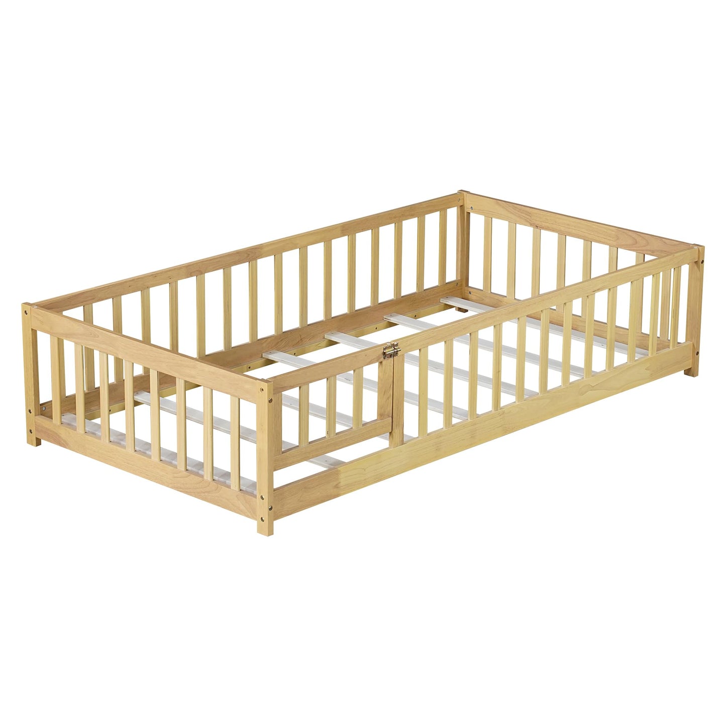 Bellemave Full Size Floor Bed with Slats and Safety Guardrail, Full Size Montessori Floor Bed with Fence and Door, Easy Assemble Montessori Beds for Kids, Girls, Boys, White