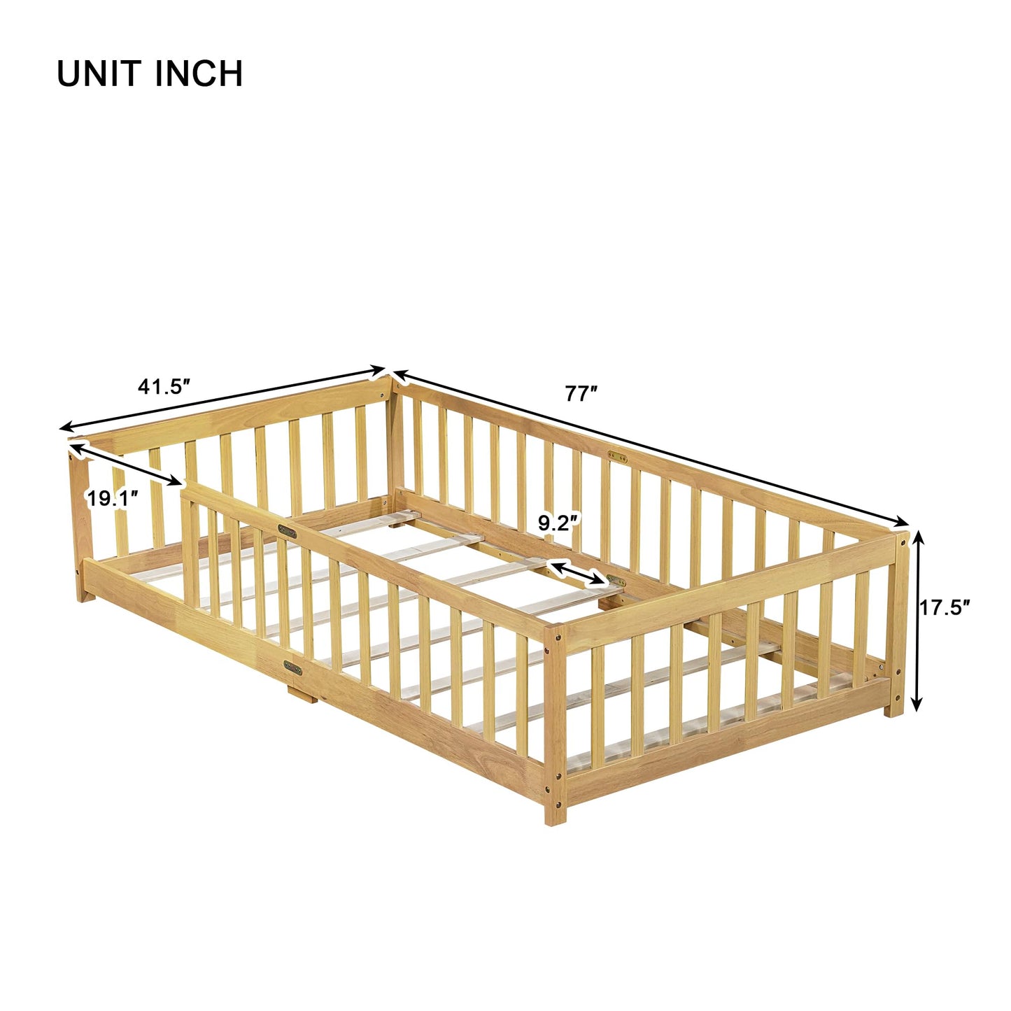 Bellemave Full Size Floor Bed with Slats and Safety Guardrail, Full Size Montessori Floor Bed with Fence and Door, Easy Assemble Montessori Beds for Kids, Girls, Boys, White