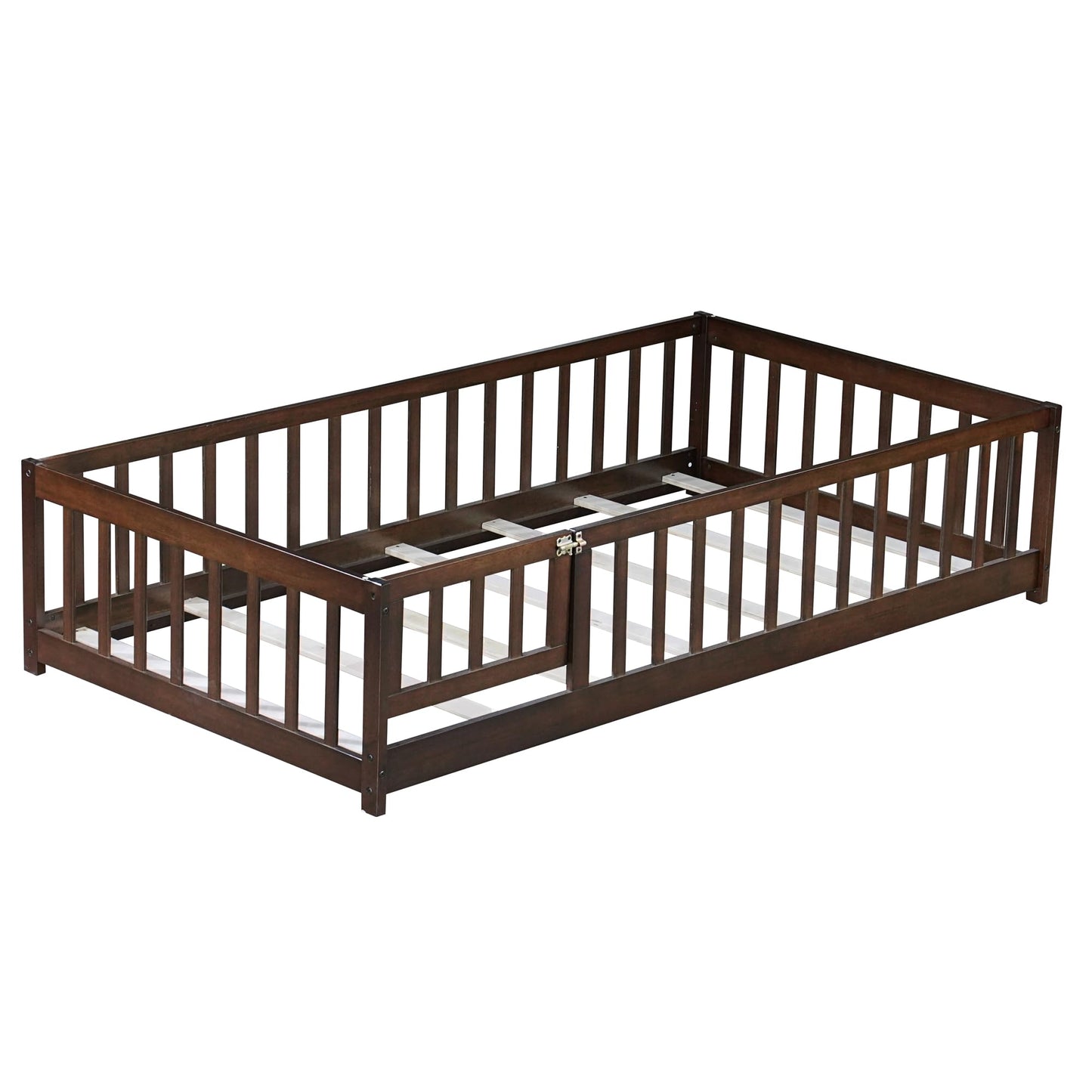 Bellemave Full Size Floor Bed with Slats and Safety Guardrail, Full Size Montessori Floor Bed with Fence and Door, Easy Assemble Montessori Beds for Kids, Girls, Boys, White