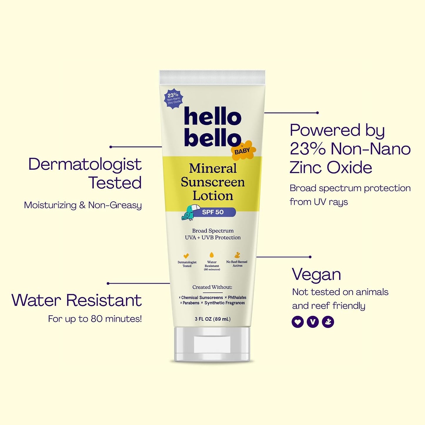 Hello Bello Mineral SPF 55 Sunscreen Lotion with Prebiotics, Water Resistant and Reef Friendly Sun Protection for Babies and Kids, 3 fl oz (Pack of 1)