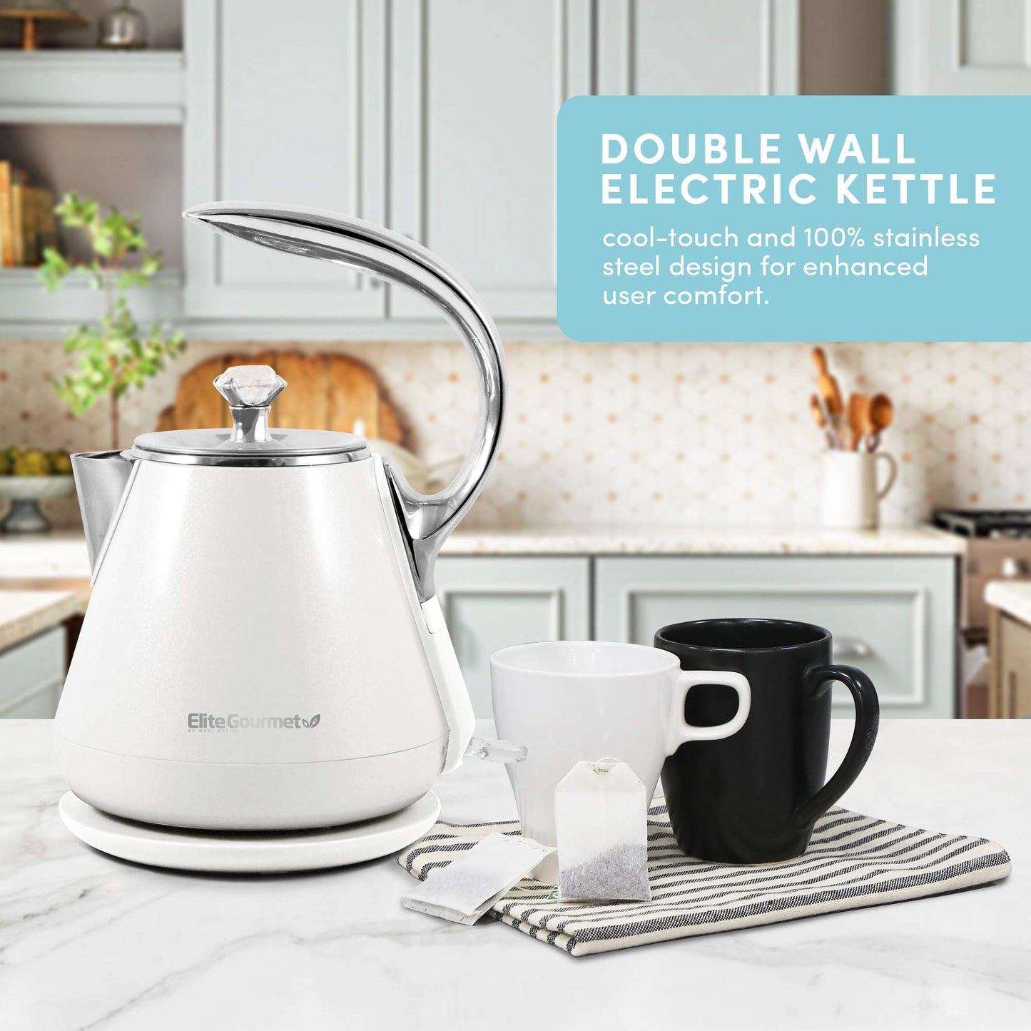 Elite Gourmet 1.7L Dual Wall Cool Touch Electric Tea Kettle, Borosilicate Glass, 304 Stainless Steel Interior, Programmed Digital Touchscreen, Keep Warm, Auto Off & Audible Indicator, Black