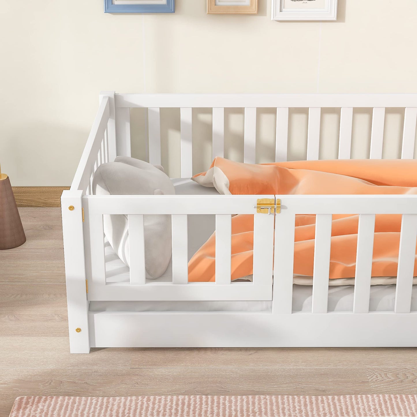 Bellemave Full Size Floor Bed with Slats and Safety Guardrail, Full Size Montessori Floor Bed with Fence and Door, Easy Assemble Montessori Beds for Kids, Girls, Boys, White