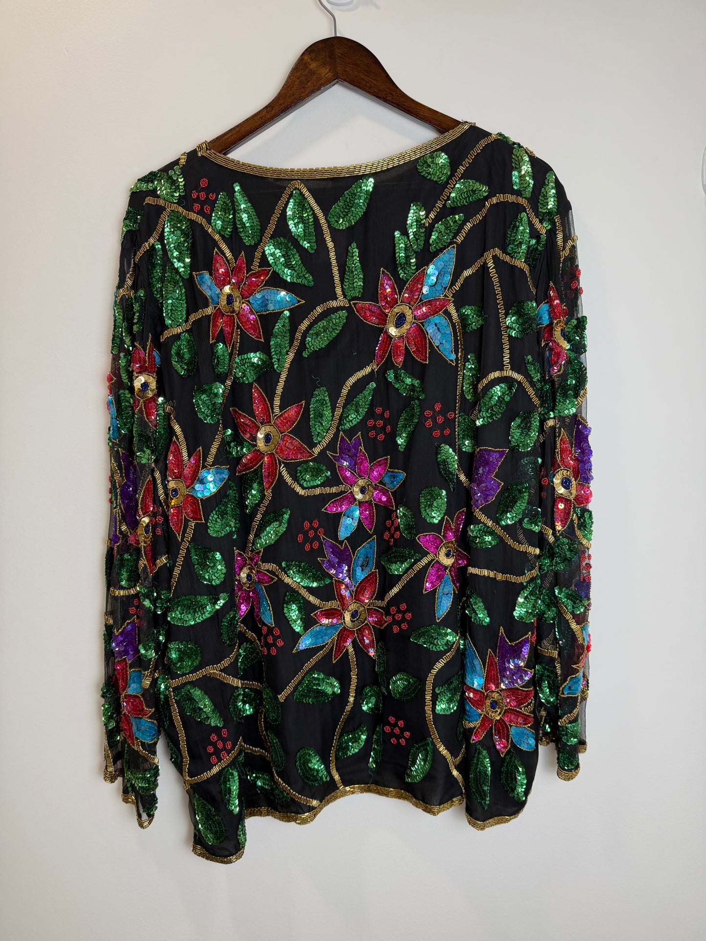 Vintage India Silk Sequin Beaded Floral Jacket Top Black 3X Boho Art Wear