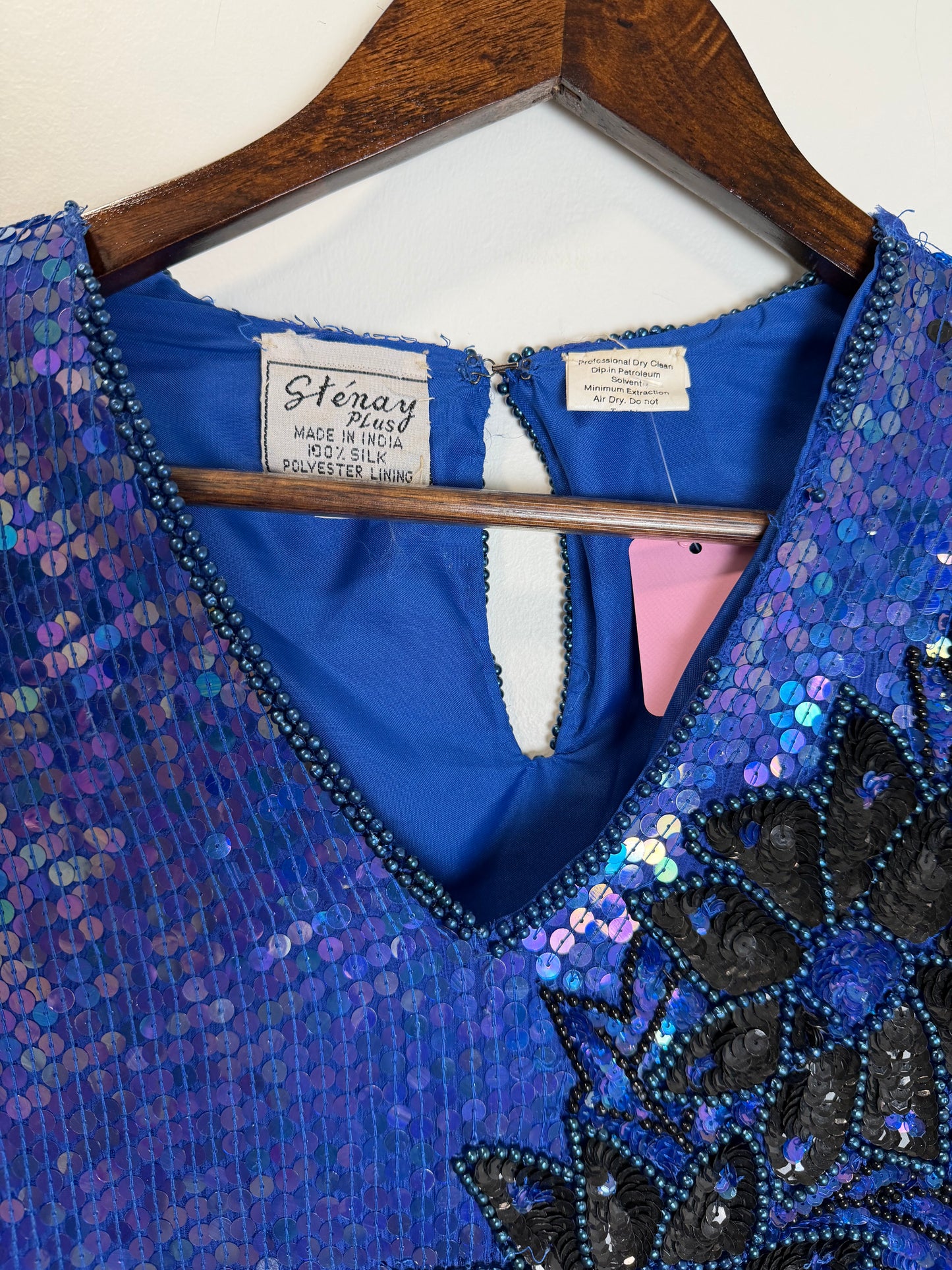 Vintage Stenay Silk Blue Sequin Beaded Floral Evening Top Blouse 2X