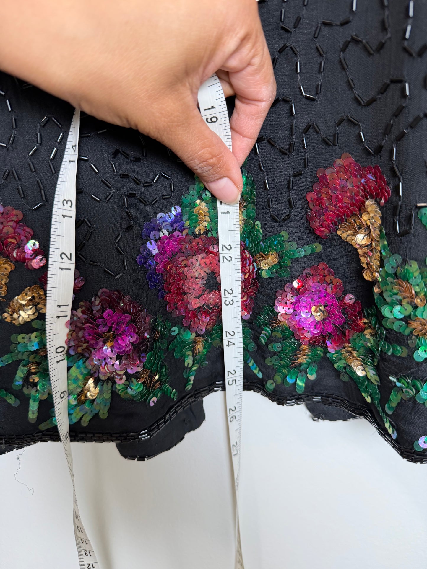 Vintage Floral Sequin Beaded Hook & Eye Jacket Black Evening Party 3X