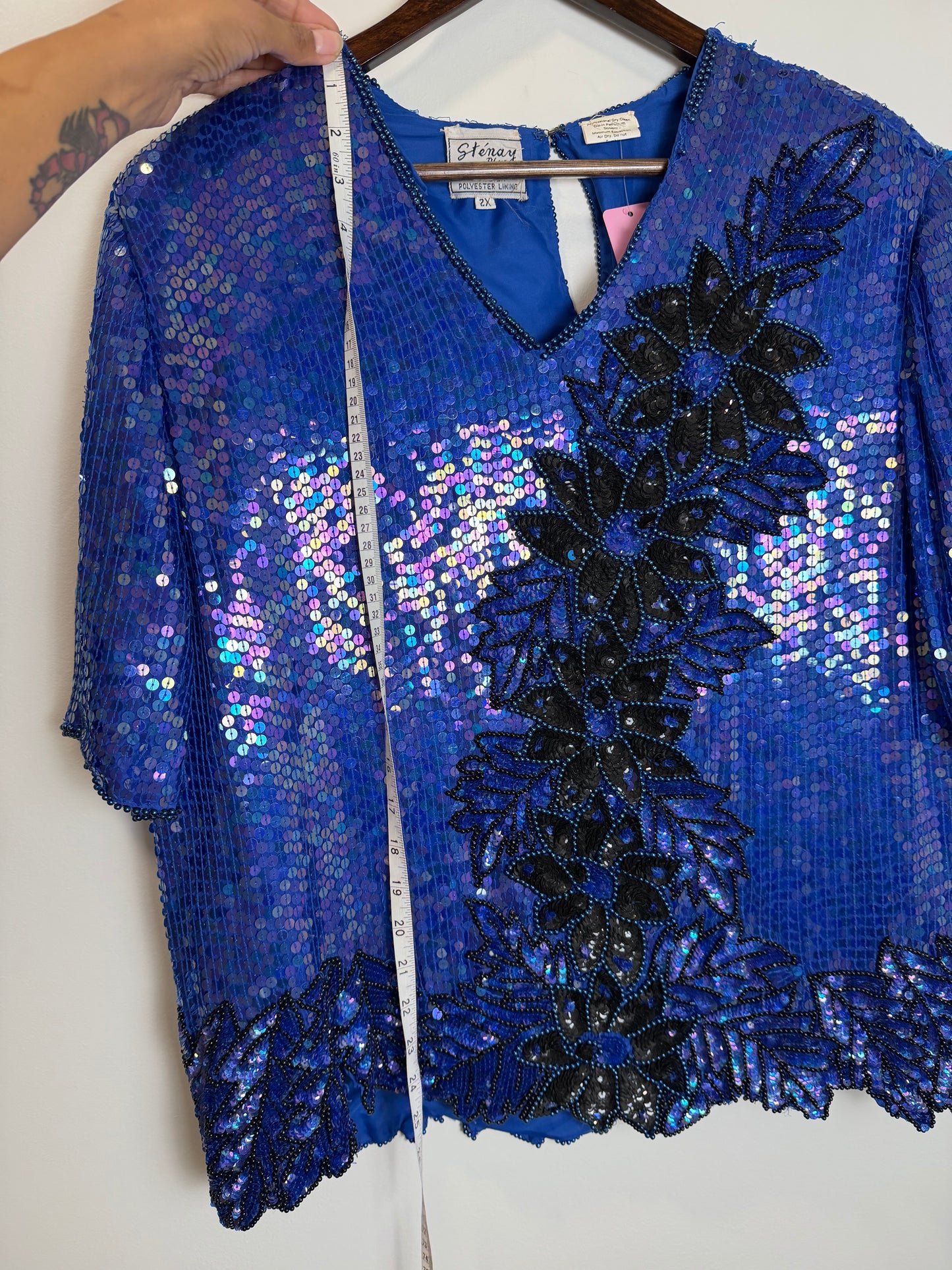 Vintage Stenay Silk Blue Sequin Beaded Floral Evening Top Blouse 2X