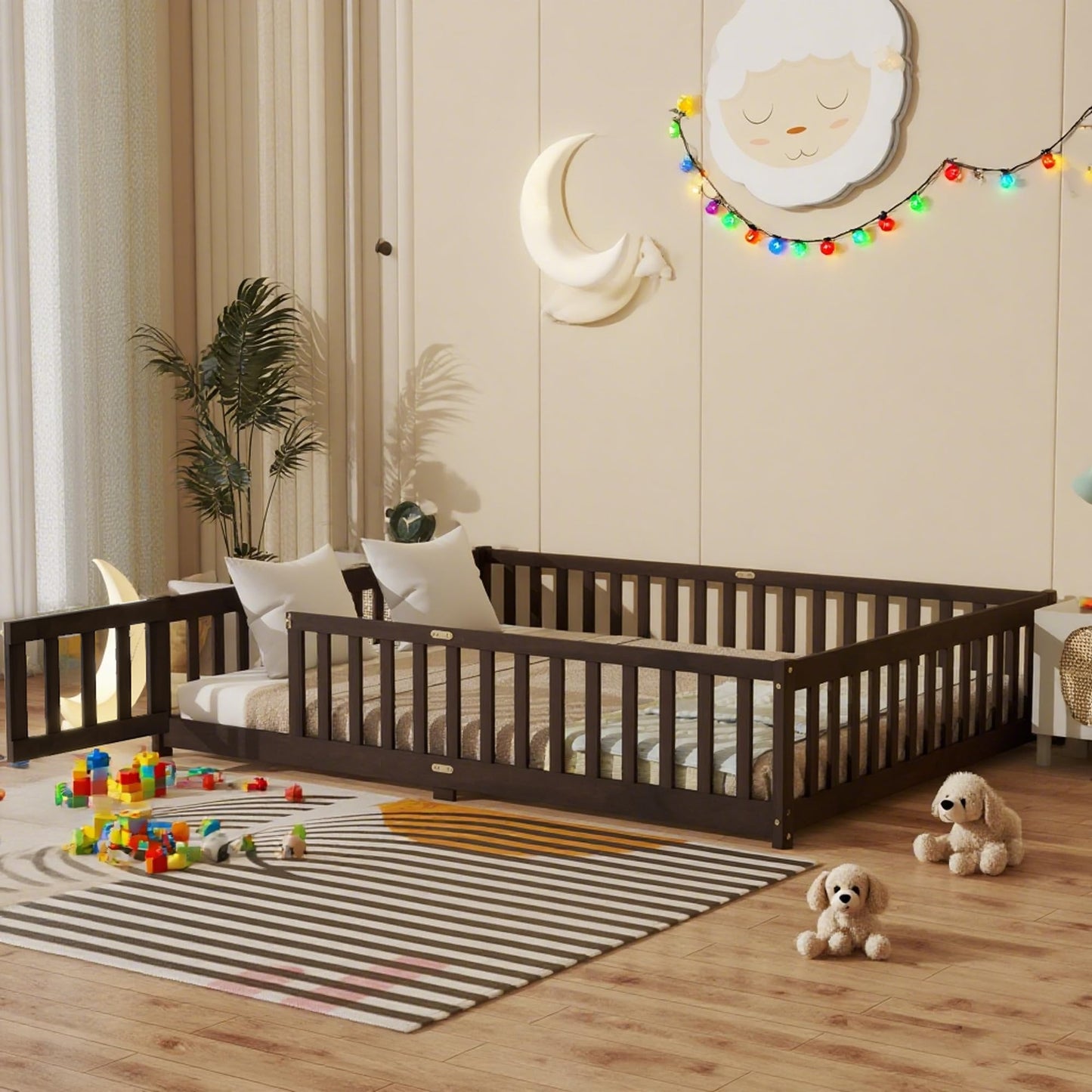 Bellemave Full Size Floor Bed with Slats and Safety Guardrail, Full Size Montessori Floor Bed with Fence and Door, Easy Assemble Montessori Beds for Kids, Girls, Boys, White