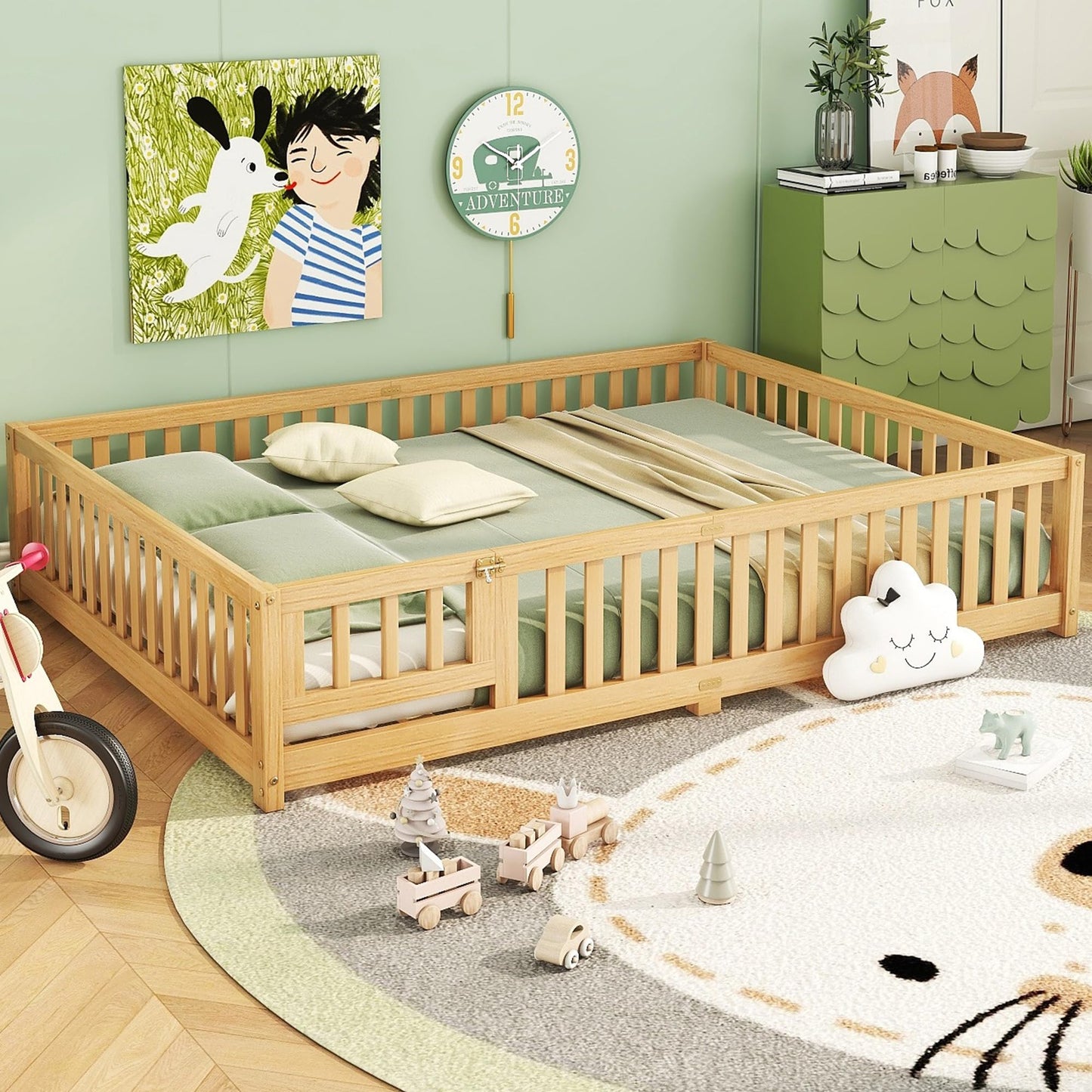 Bellemave Full Size Floor Bed with Slats and Safety Guardrail, Full Size Montessori Floor Bed with Fence and Door, Easy Assemble Montessori Beds for Kids, Girls, Boys, White