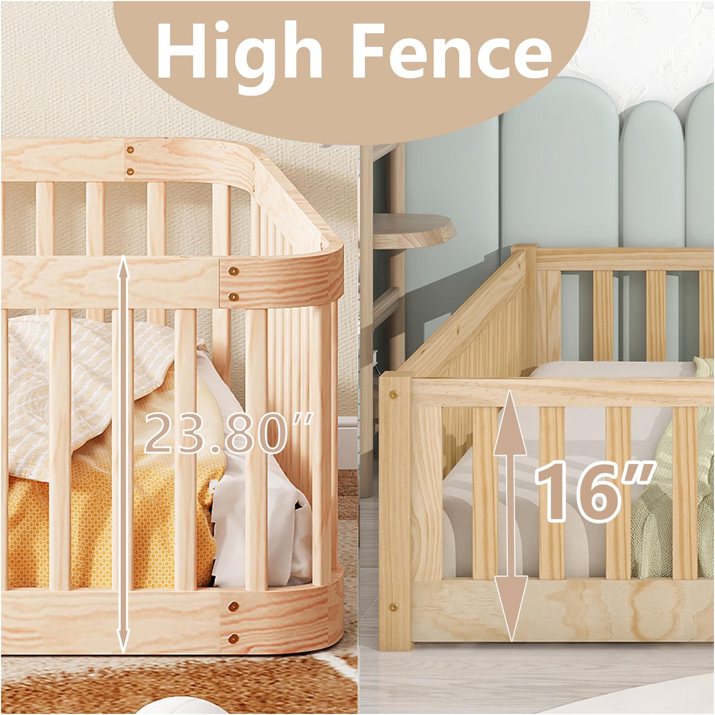 Bellemave Full Size Floor Bed with Slats and Safety Guardrail, Full Size Montessori Floor Bed with Fence and Door, Easy Assemble Montessori Beds for Kids, Girls, Boys, White