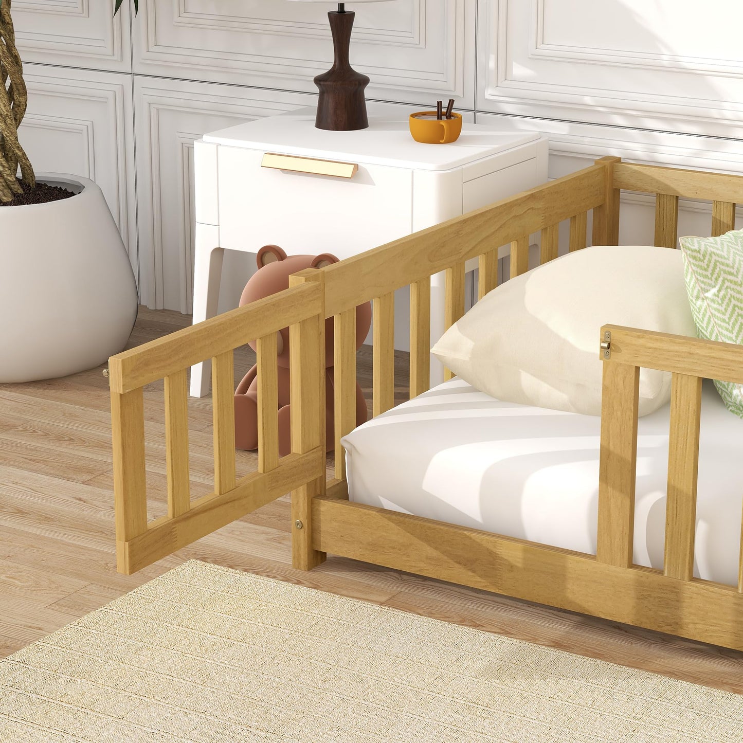 Bellemave Full Size Floor Bed with Slats and Safety Guardrail, Full Size Montessori Floor Bed with Fence and Door, Easy Assemble Montessori Beds for Kids, Girls, Boys, White