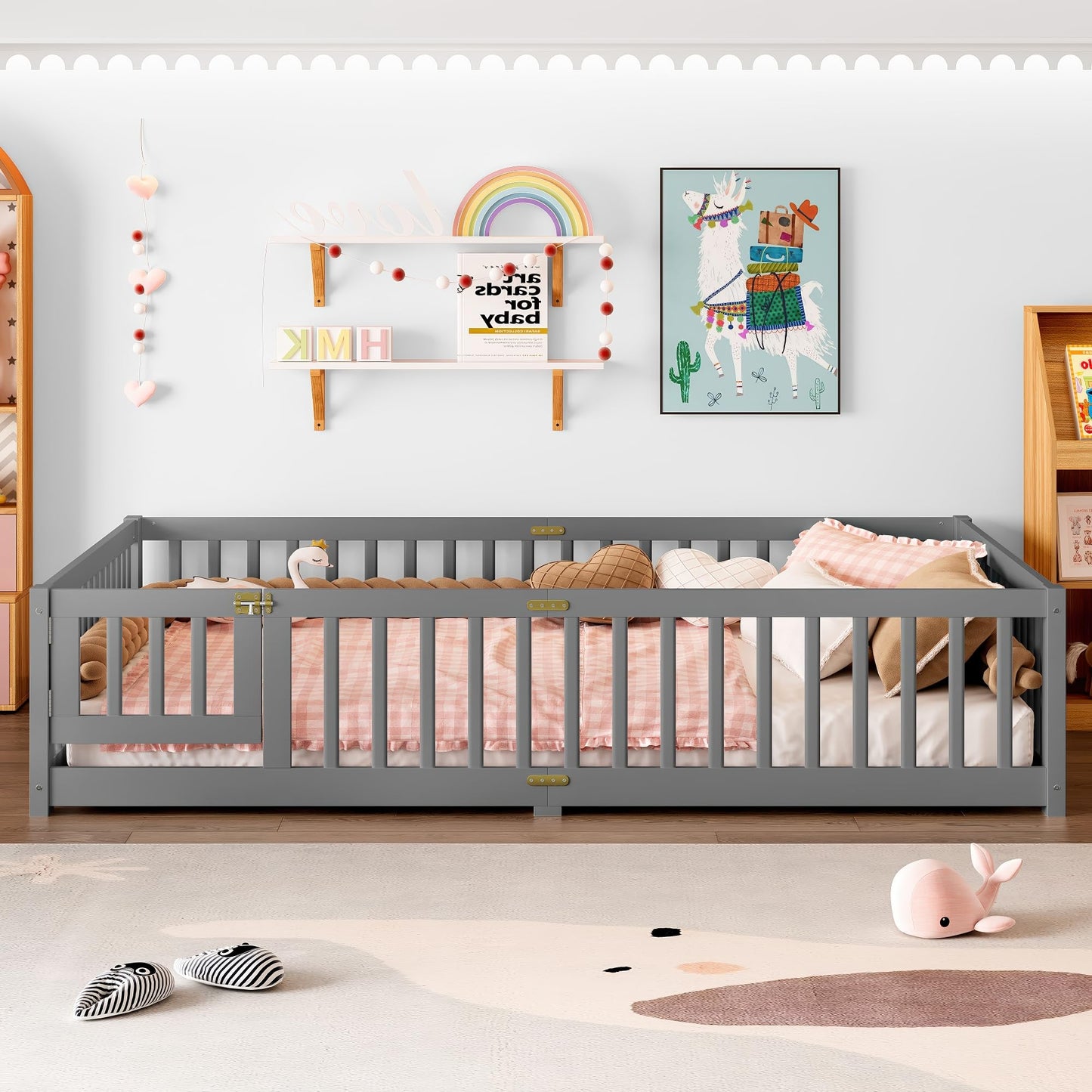 Bellemave Full Size Floor Bed with Slats and Safety Guardrail, Full Size Montessori Floor Bed with Fence and Door, Easy Assemble Montessori Beds for Kids, Girls, Boys, White