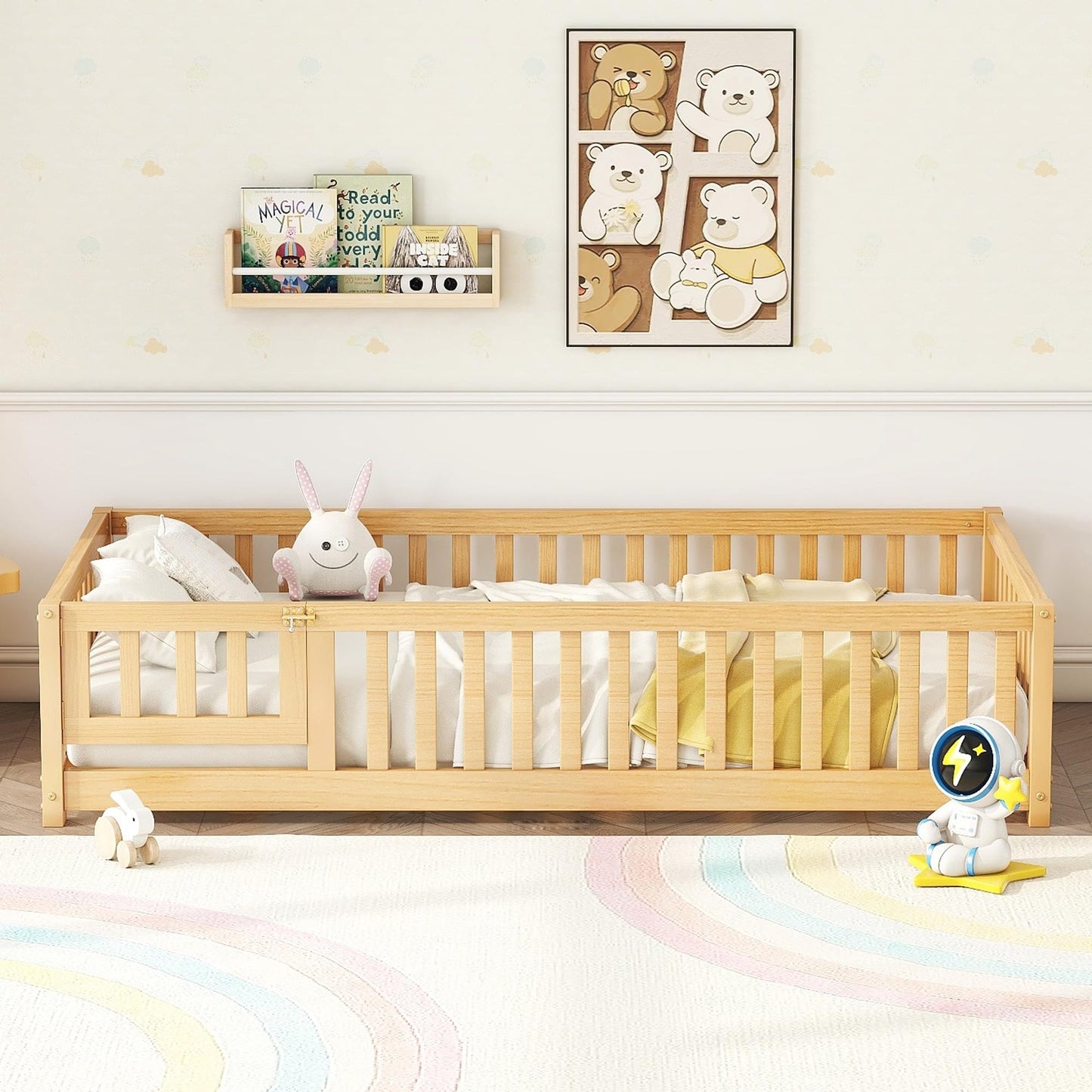 Bellemave Full Size Floor Bed with Slats and Safety Guardrail, Full Size Montessori Floor Bed with Fence and Door, Easy Assemble Montessori Beds for Kids, Girls, Boys, White