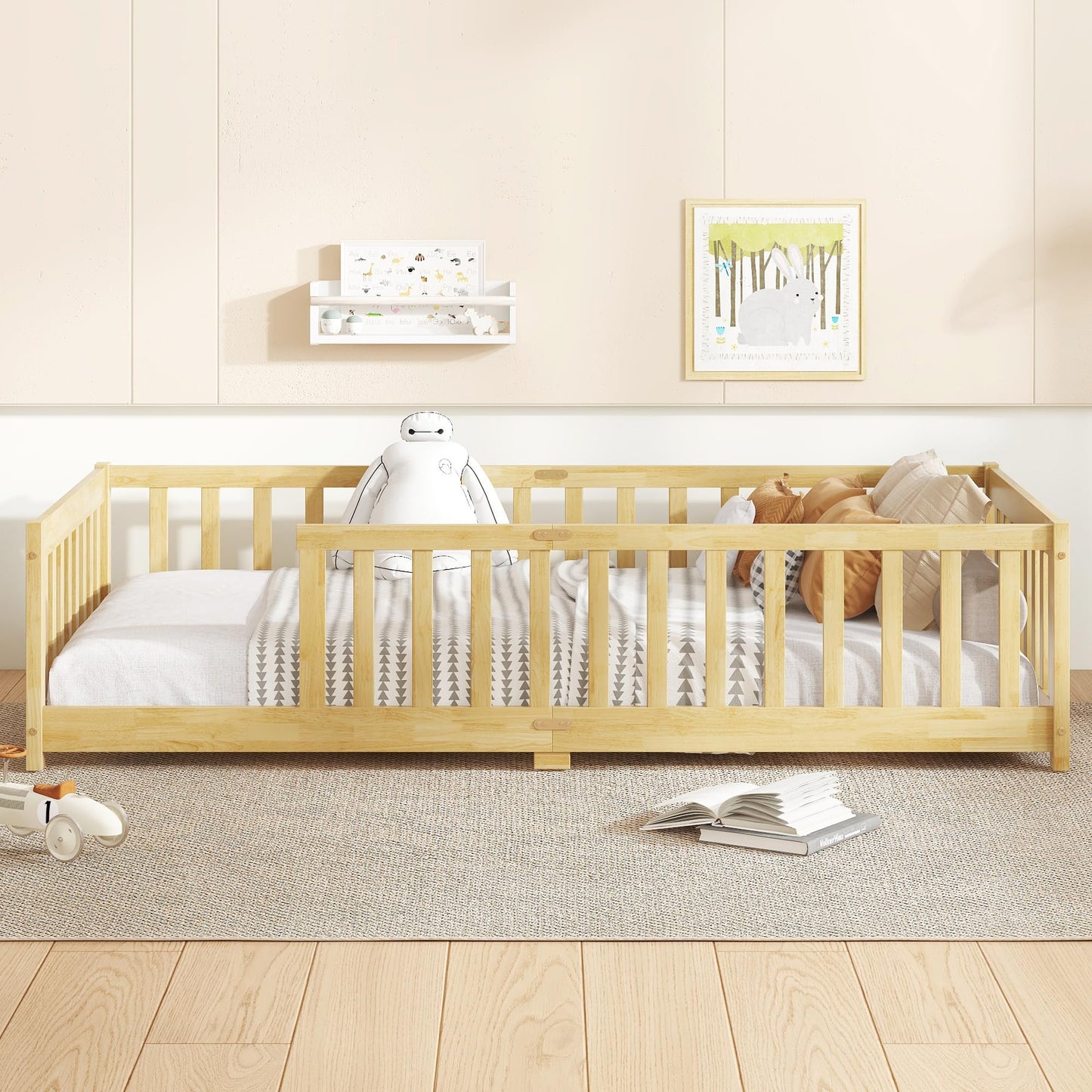 Bellemave Full Size Floor Bed with Slats and Safety Guardrail, Full Size Montessori Floor Bed with Fence and Door, Easy Assemble Montessori Beds for Kids, Girls, Boys, White