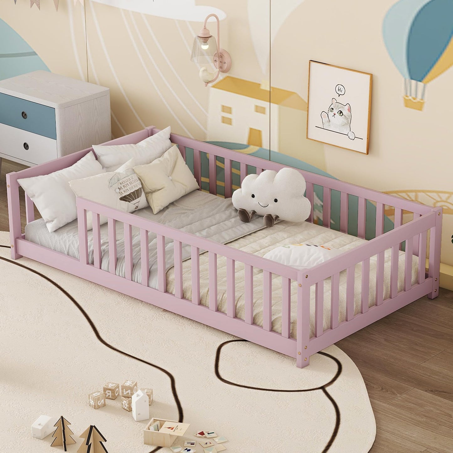 Bellemave Full Size Floor Bed with Slats and Safety Guardrail, Full Size Montessori Floor Bed with Fence and Door, Easy Assemble Montessori Beds for Kids, Girls, Boys, White