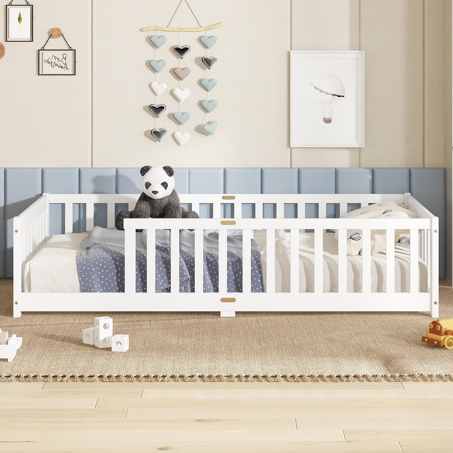 Bellemave Full Size Floor Bed with Slats and Safety Guardrail, Full Size Montessori Floor Bed with Fence and Door, Easy Assemble Montessori Beds for Kids, Girls, Boys, White