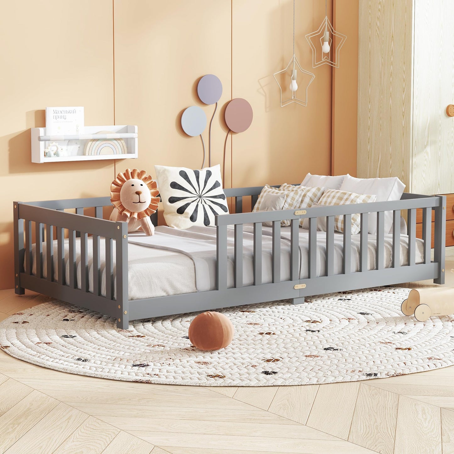 Bellemave Full Size Floor Bed with Slats and Safety Guardrail, Full Size Montessori Floor Bed with Fence and Door, Easy Assemble Montessori Beds for Kids, Girls, Boys, White