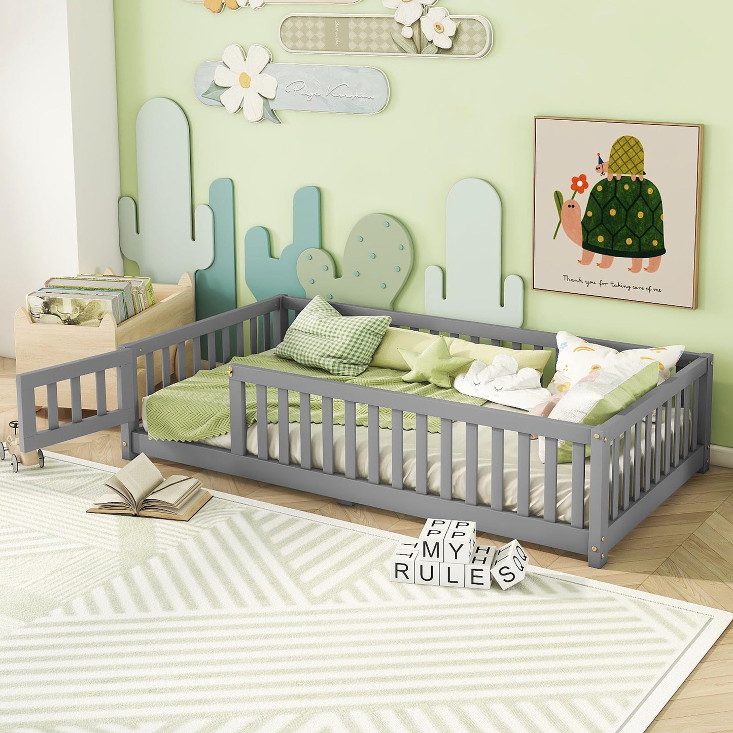 Bellemave Full Size Floor Bed with Slats and Safety Guardrail, Full Size Montessori Floor Bed with Fence and Door, Easy Assemble Montessori Beds for Kids, Girls, Boys, White