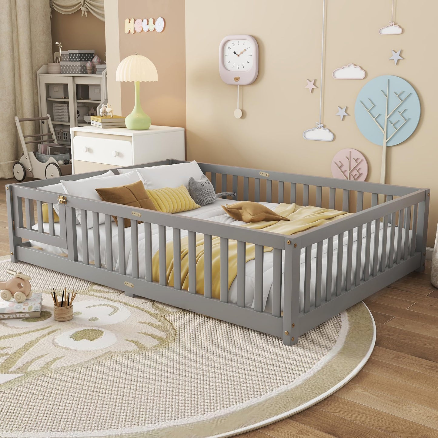 Bellemave Full Size Floor Bed with Slats and Safety Guardrail, Full Size Montessori Floor Bed with Fence and Door, Easy Assemble Montessori Beds for Kids, Girls, Boys, White