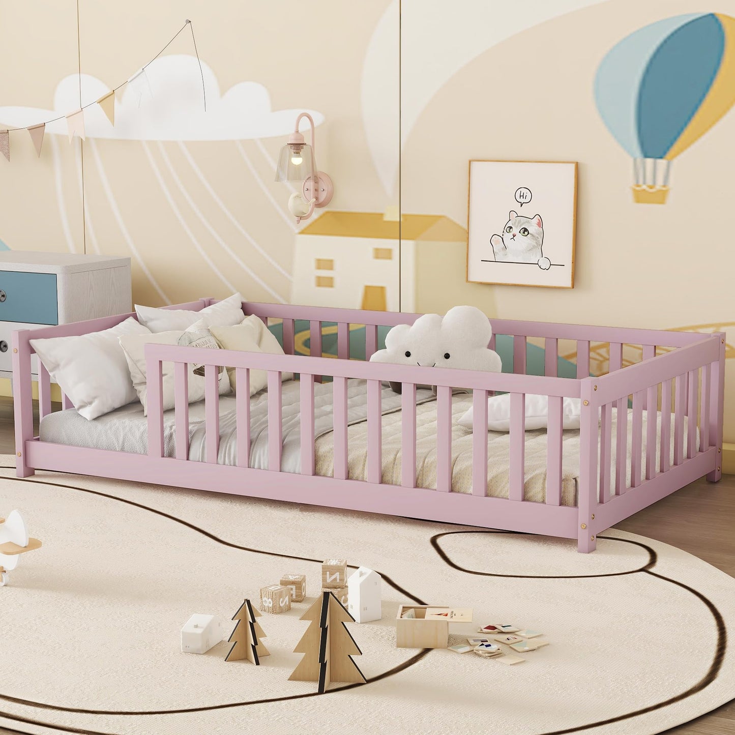 Bellemave Full Size Floor Bed with Slats and Safety Guardrail, Full Size Montessori Floor Bed with Fence and Door, Easy Assemble Montessori Beds for Kids, Girls, Boys, White