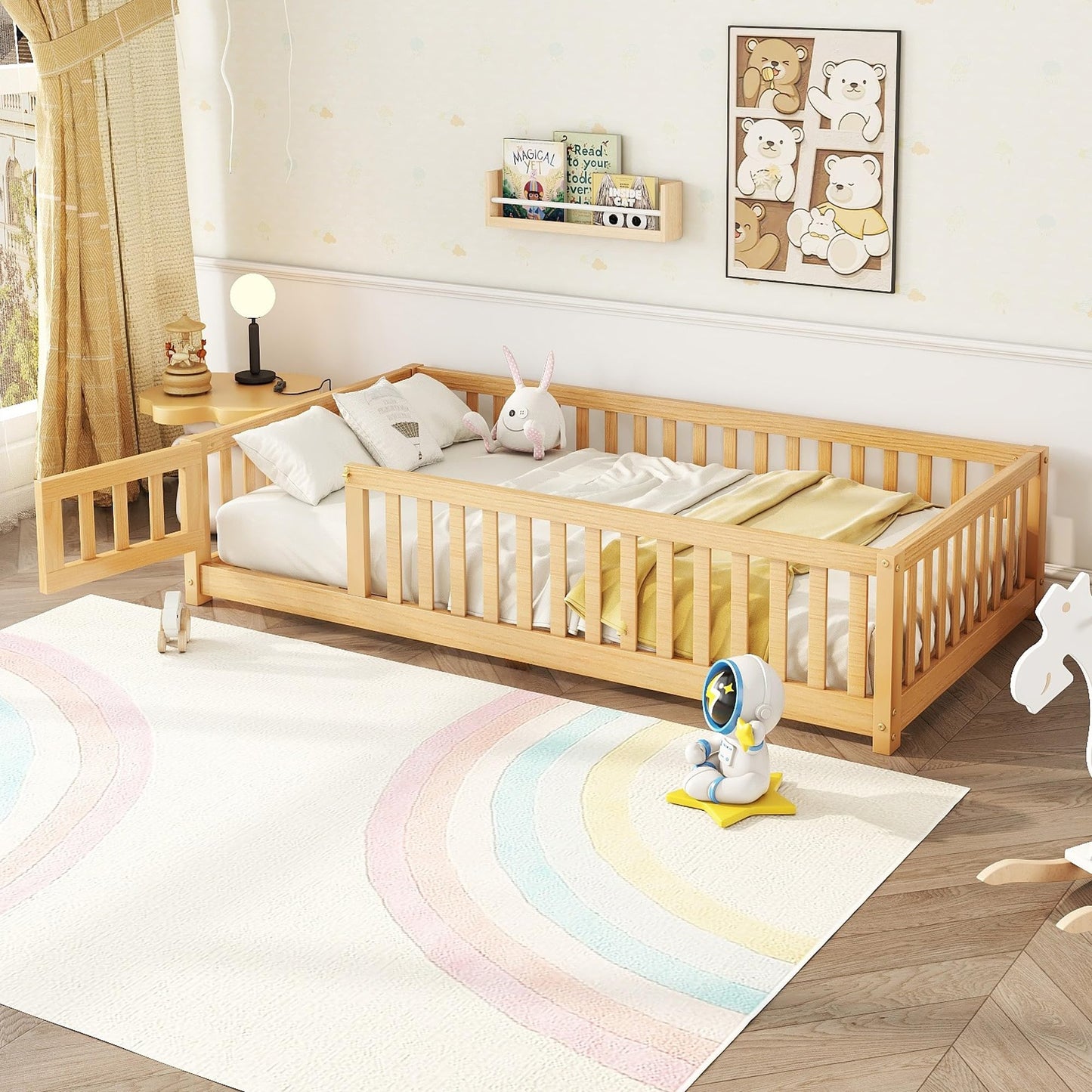 Bellemave Full Size Floor Bed with Slats and Safety Guardrail, Full Size Montessori Floor Bed with Fence and Door, Easy Assemble Montessori Beds for Kids, Girls, Boys, White