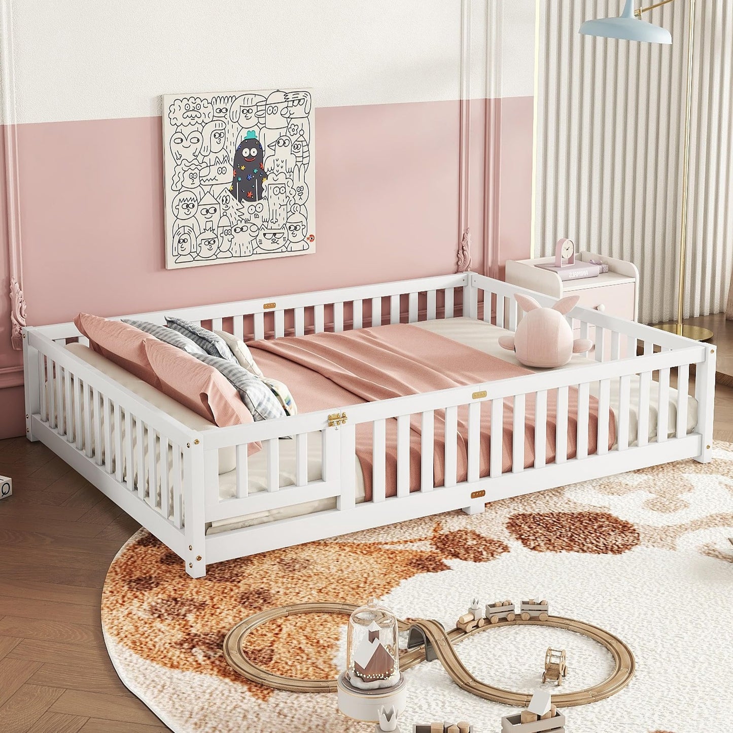 Bellemave Full Size Floor Bed with Slats and Safety Guardrail, Full Size Montessori Floor Bed with Fence and Door, Easy Assemble Montessori Beds for Kids, Girls, Boys, White