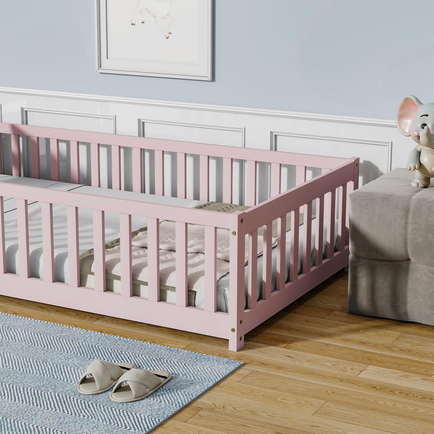 Bellemave Full Size Floor Bed with Slats and Safety Guardrail, Full Size Montessori Floor Bed with Fence and Door, Easy Assemble Montessori Beds for Kids, Girls, Boys, White