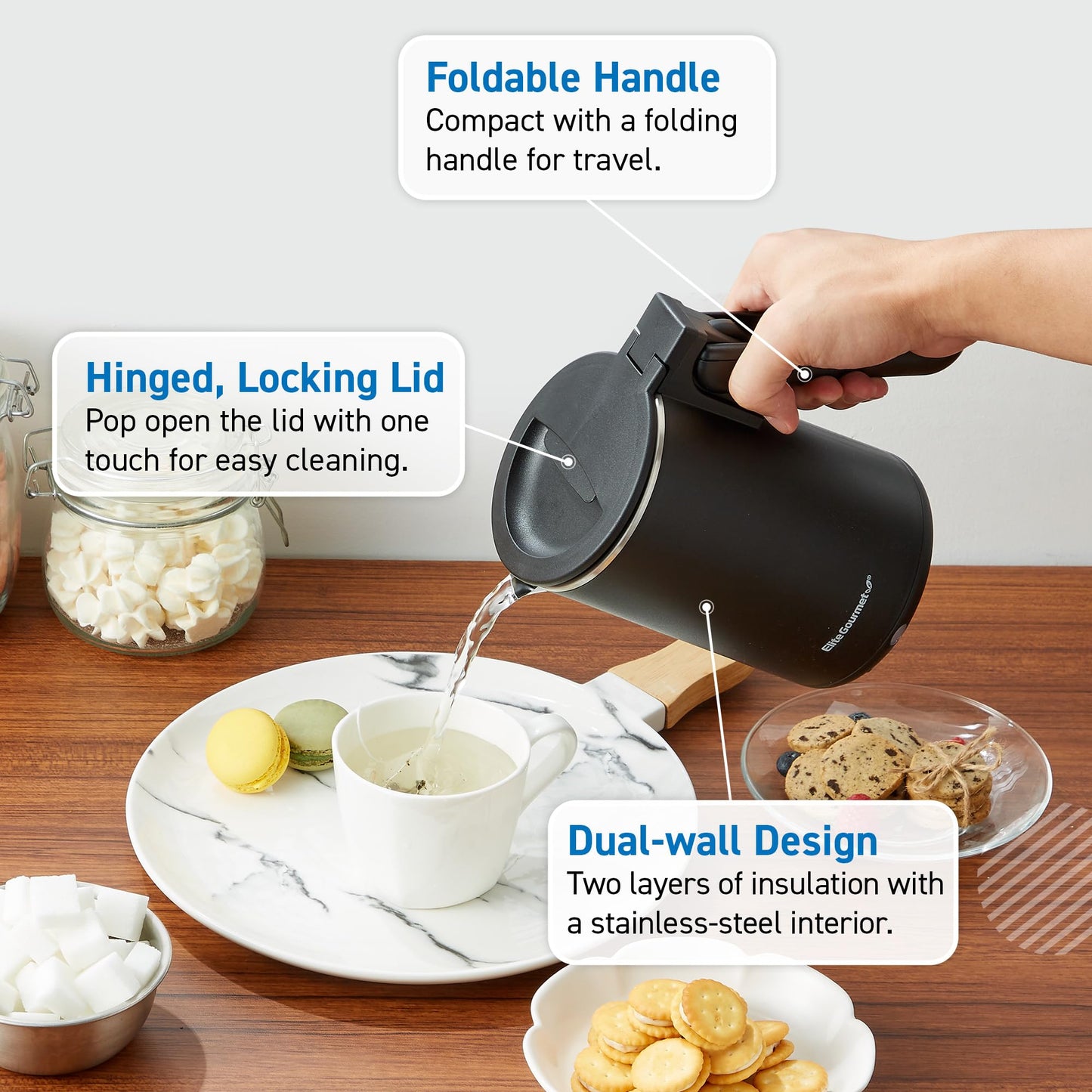 Elite Gourmet 1.7L Dual Wall Cool Touch Electric Tea Kettle, Borosilicate Glass, 304 Stainless Steel Interior, Programmed Digital Touchscreen, Keep Warm, Auto Off & Audible Indicator, Black