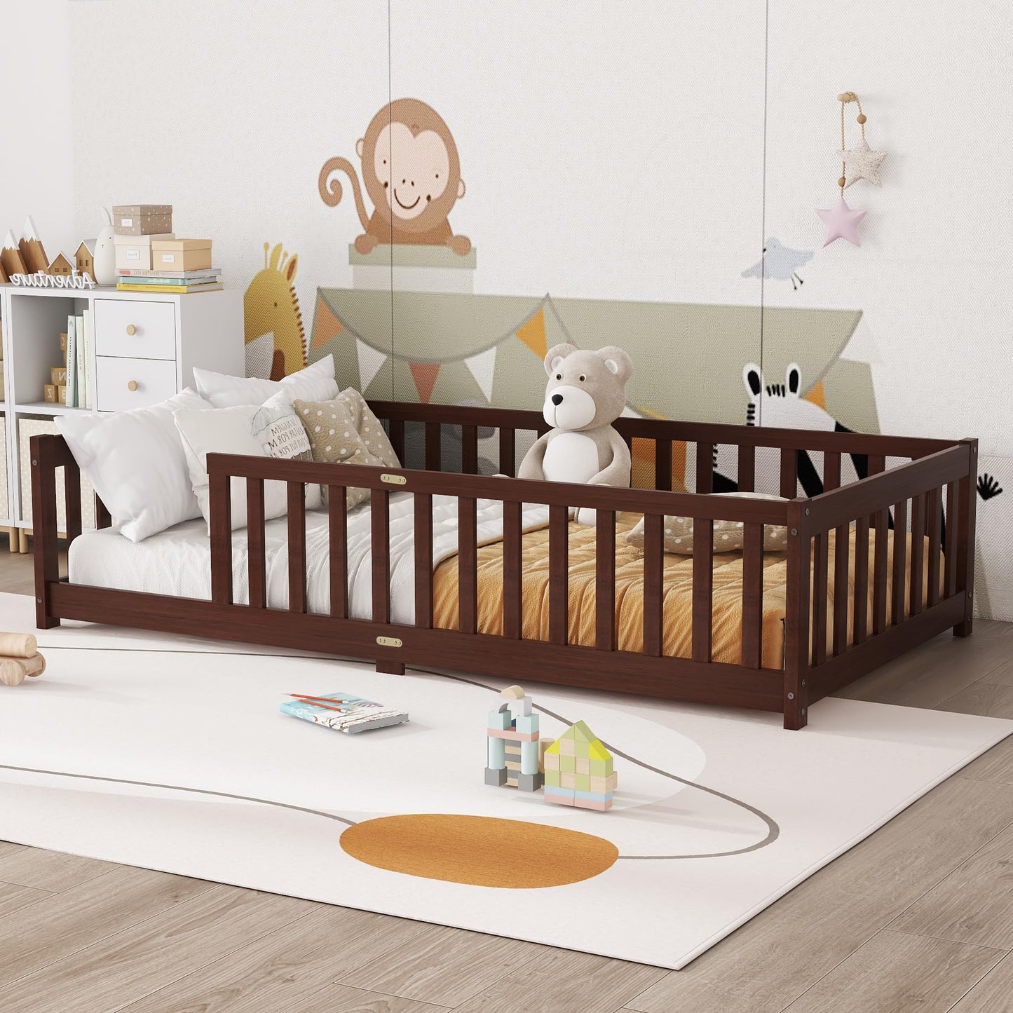 Bellemave Full Size Floor Bed with Slats and Safety Guardrail, Full Size Montessori Floor Bed with Fence and Door, Easy Assemble Montessori Beds for Kids, Girls, Boys, White