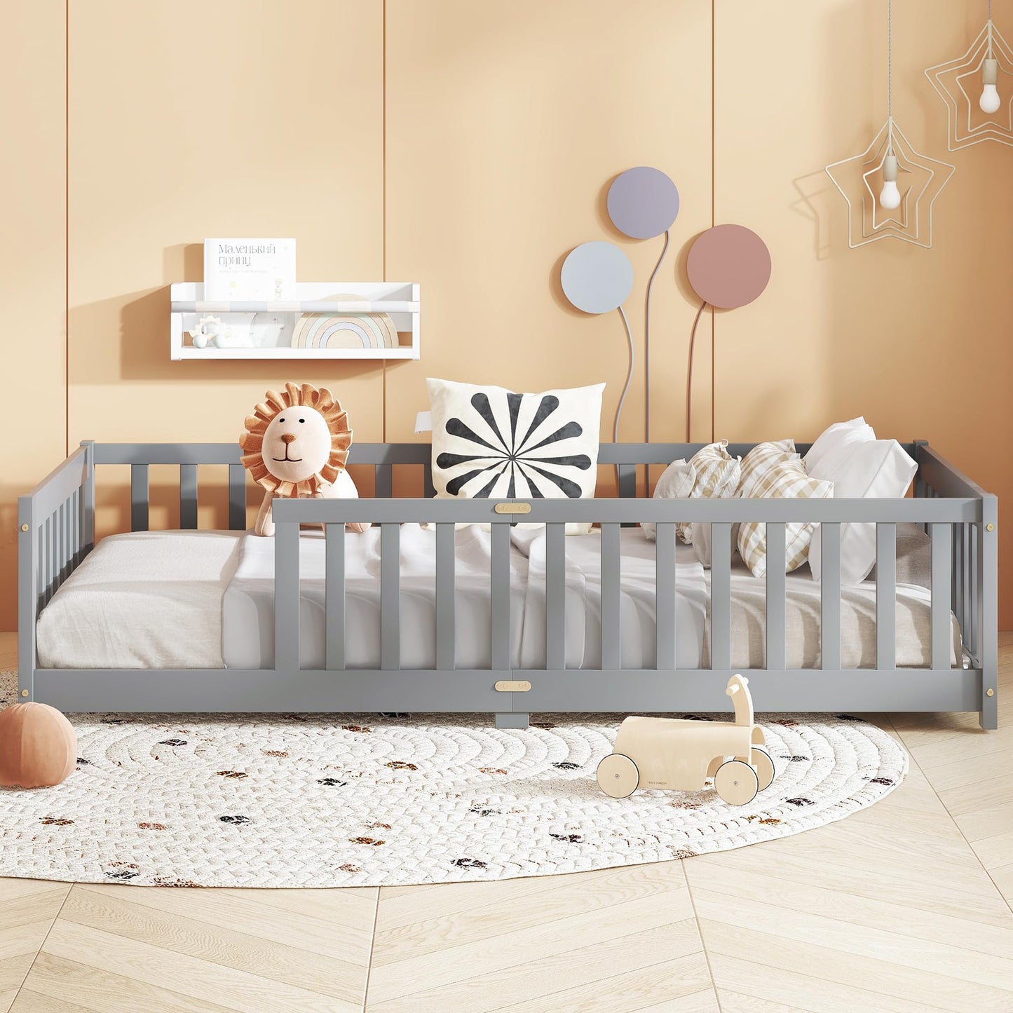 Bellemave Full Size Floor Bed with Slats and Safety Guardrail, Full Size Montessori Floor Bed with Fence and Door, Easy Assemble Montessori Beds for Kids, Girls, Boys, White