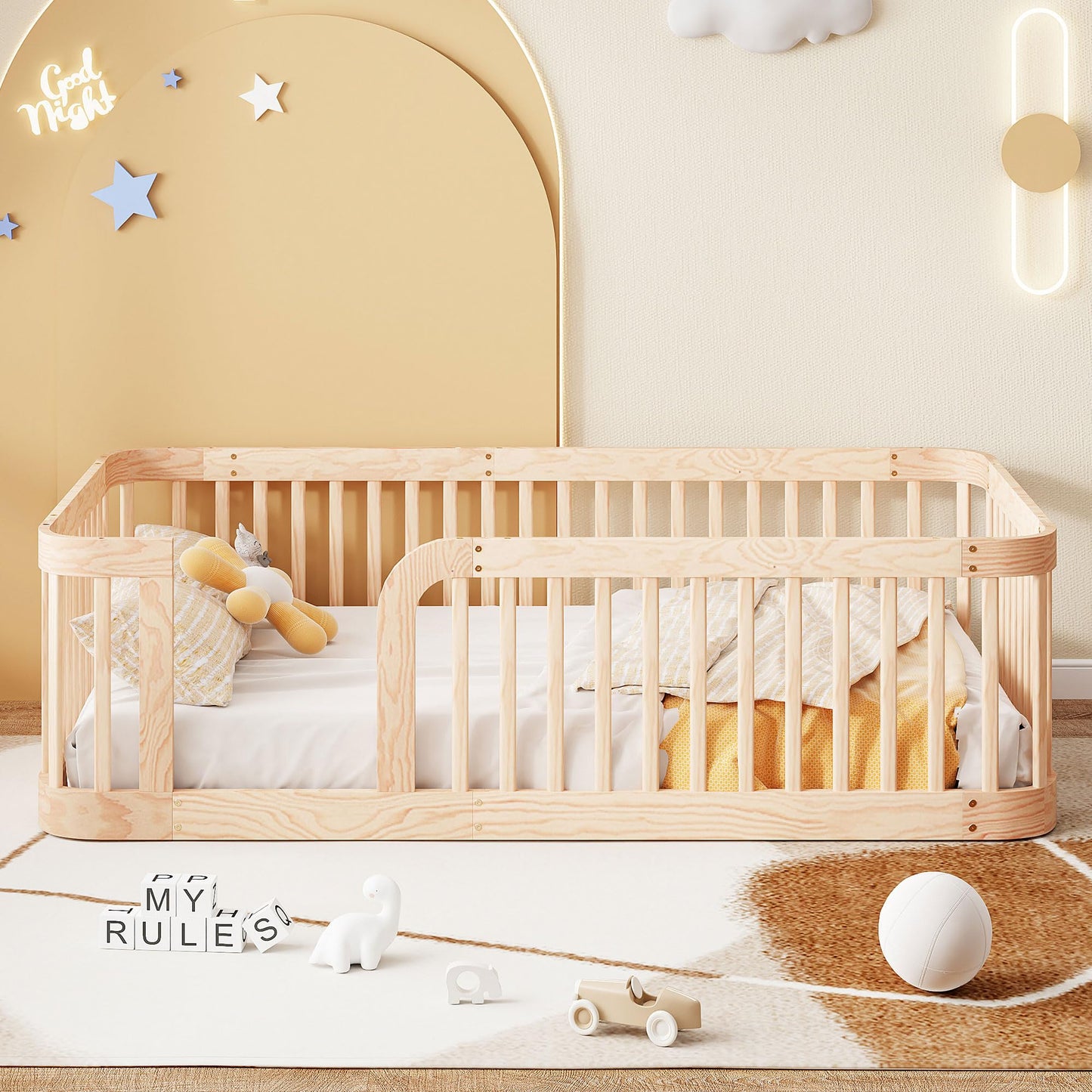 Bellemave Full Size Floor Bed with Slats and Safety Guardrail, Full Size Montessori Floor Bed with Fence and Door, Easy Assemble Montessori Beds for Kids, Girls, Boys, White