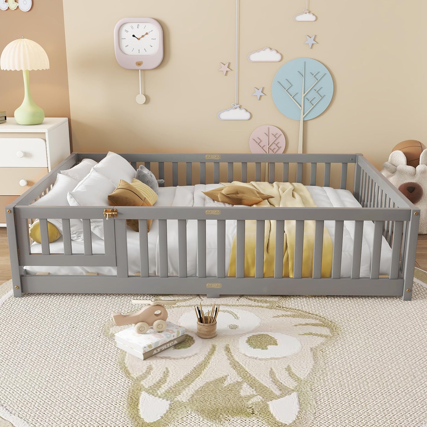 Bellemave Full Size Floor Bed with Slats and Safety Guardrail, Full Size Montessori Floor Bed with Fence and Door, Easy Assemble Montessori Beds for Kids, Girls, Boys, White