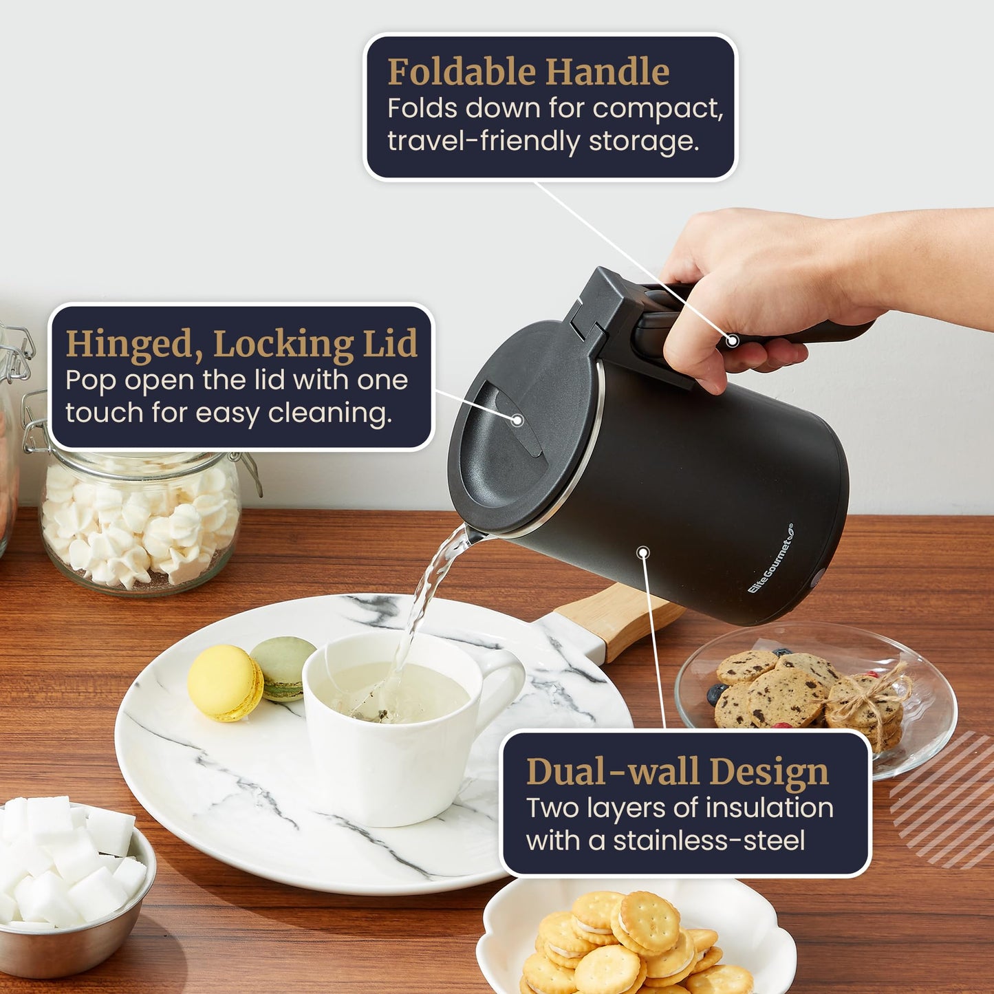 Elite Gourmet 1.7L Dual Wall Cool Touch Electric Tea Kettle, Borosilicate Glass, 304 Stainless Steel Interior, Programmed Digital Touchscreen, Keep Warm, Auto Off & Audible Indicator, Black