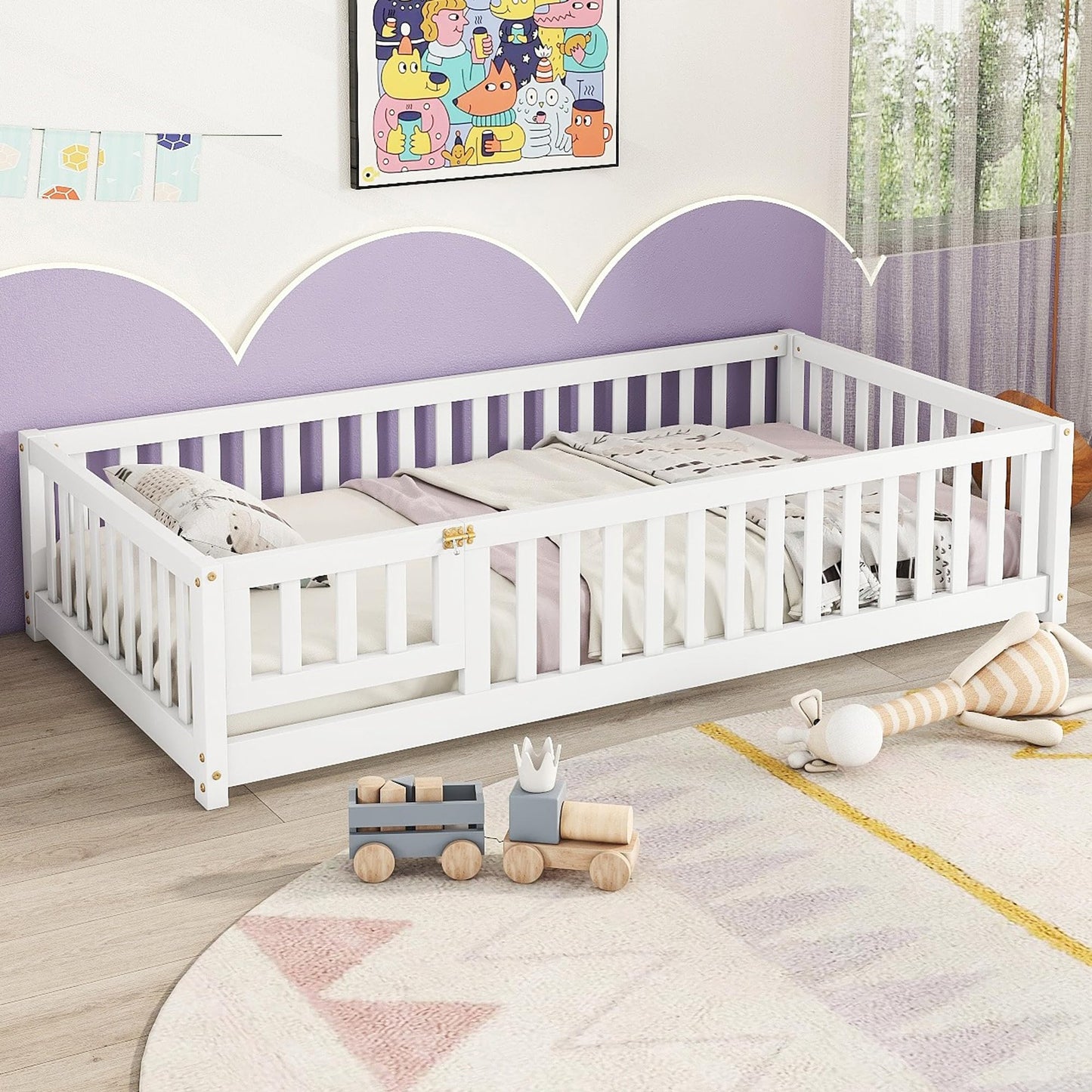 Bellemave Full Size Floor Bed with Slats and Safety Guardrail, Full Size Montessori Floor Bed with Fence and Door, Easy Assemble Montessori Beds for Kids, Girls, Boys, White