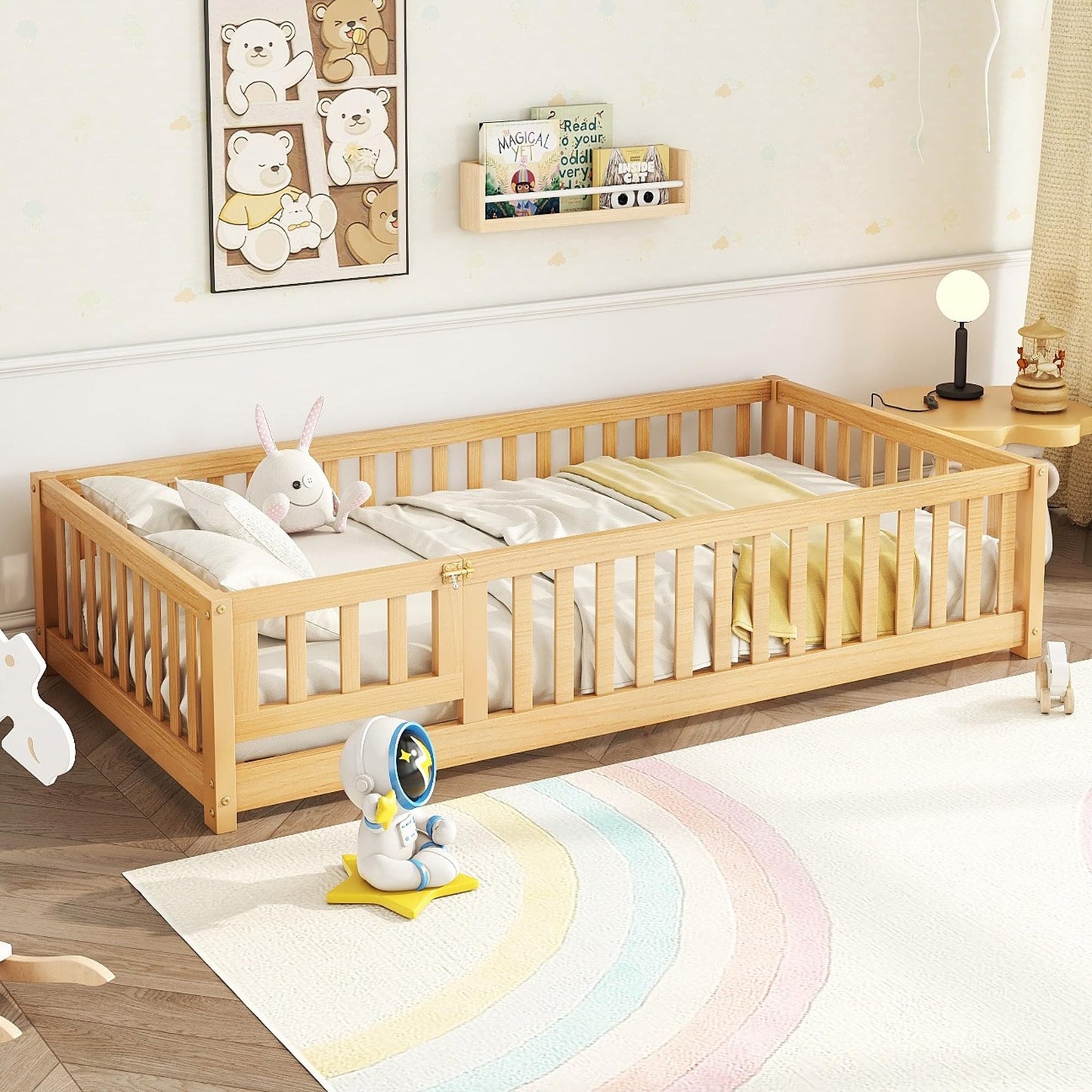 Bellemave Full Size Floor Bed with Slats and Safety Guardrail, Full Size Montessori Floor Bed with Fence and Door, Easy Assemble Montessori Beds for Kids, Girls, Boys, White