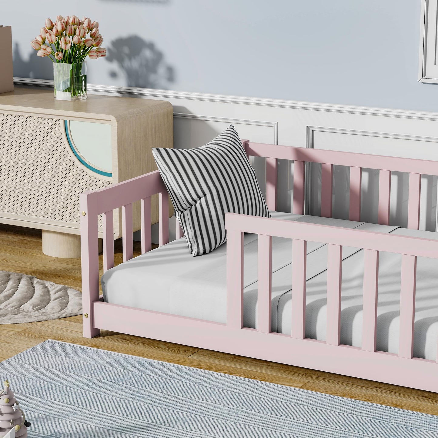 Bellemave Full Size Floor Bed with Slats and Safety Guardrail, Full Size Montessori Floor Bed with Fence and Door, Easy Assemble Montessori Beds for Kids, Girls, Boys, White