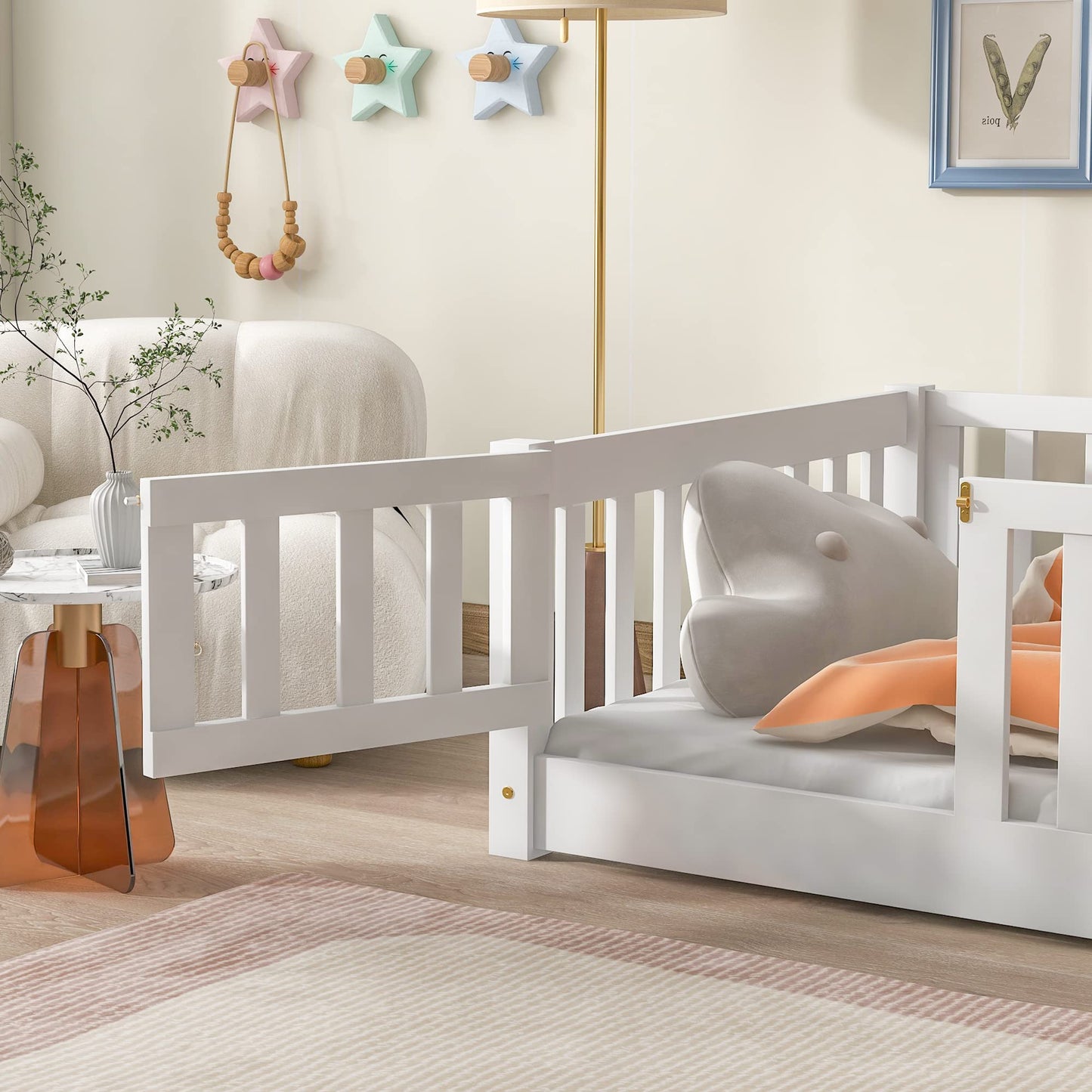 Bellemave Full Size Floor Bed with Slats and Safety Guardrail, Full Size Montessori Floor Bed with Fence and Door, Easy Assemble Montessori Beds for Kids, Girls, Boys, White