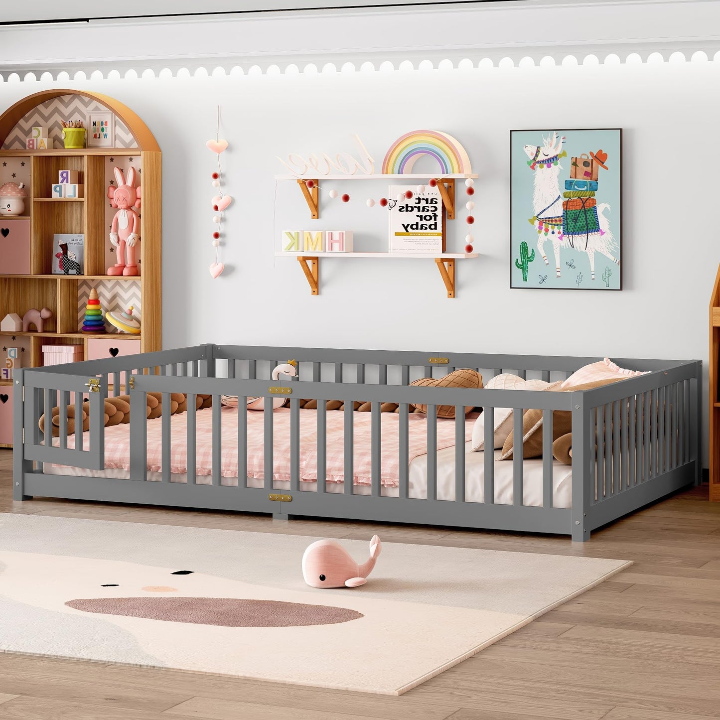 Bellemave Full Size Floor Bed with Slats and Safety Guardrail, Full Size Montessori Floor Bed with Fence and Door, Easy Assemble Montessori Beds for Kids, Girls, Boys, White