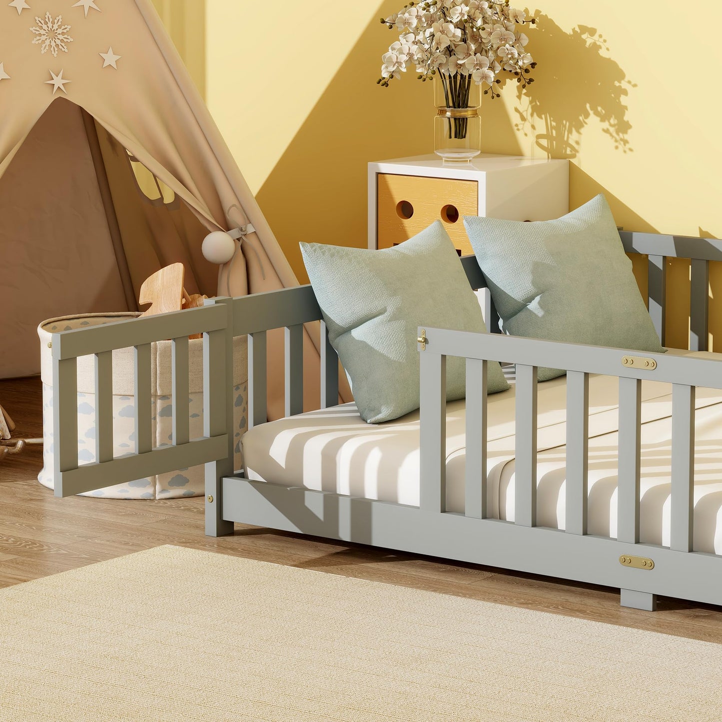 Bellemave Full Size Floor Bed with Slats and Safety Guardrail, Full Size Montessori Floor Bed with Fence and Door, Easy Assemble Montessori Beds for Kids, Girls, Boys, White