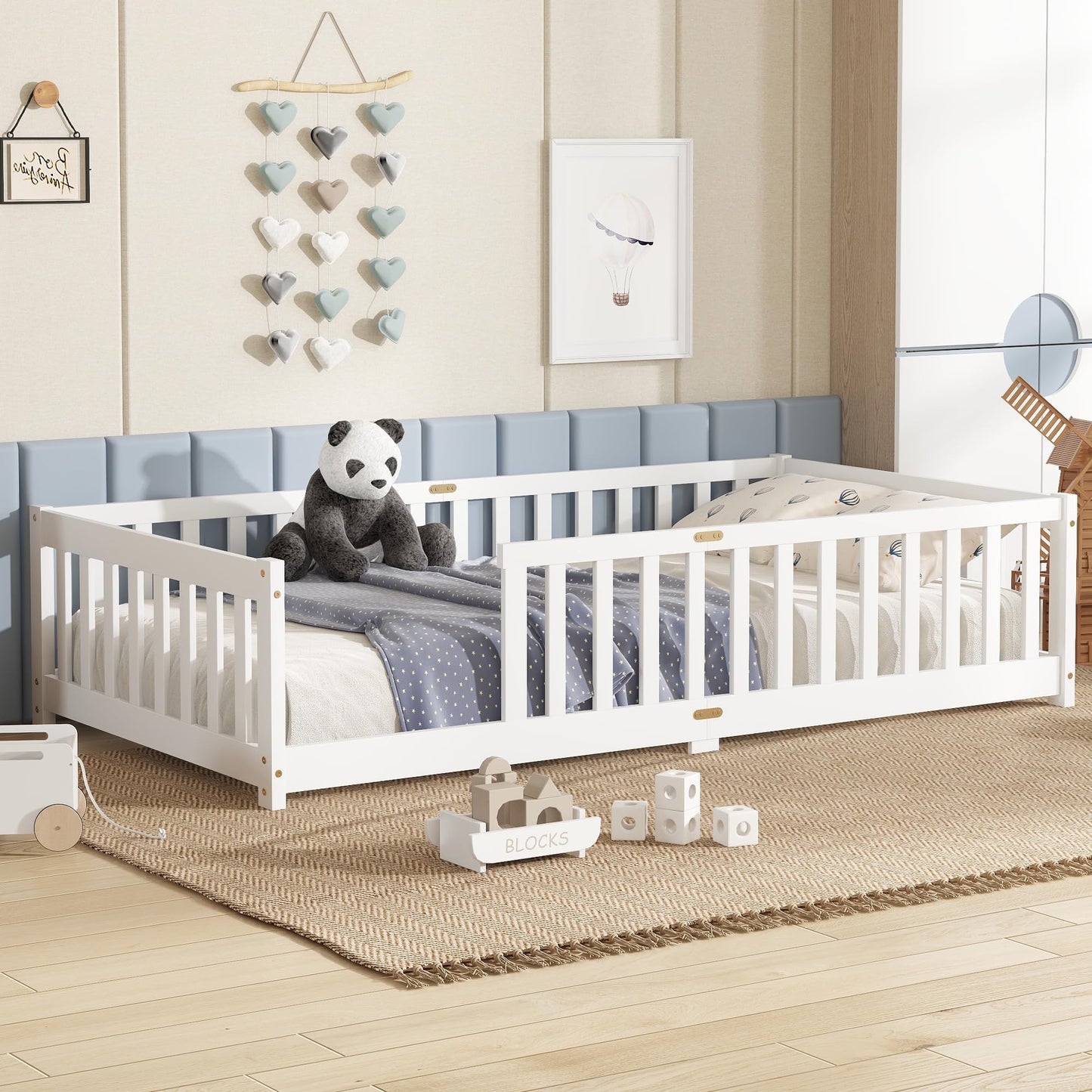 Bellemave Full Size Floor Bed with Slats and Safety Guardrail, Full Size Montessori Floor Bed with Fence and Door, Easy Assemble Montessori Beds for Kids, Girls, Boys, White