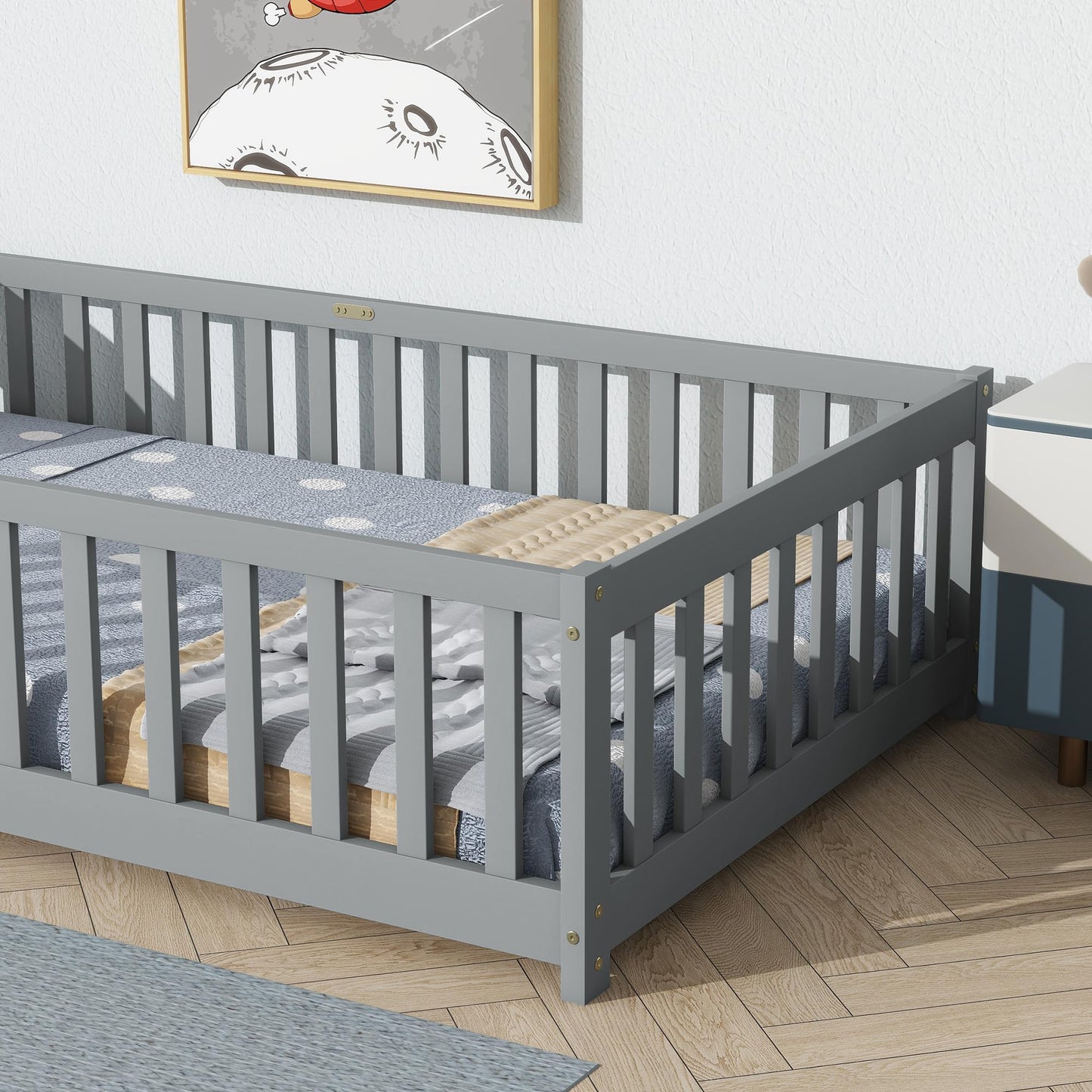 Bellemave Full Size Floor Bed with Slats and Safety Guardrail, Full Size Montessori Floor Bed with Fence and Door, Easy Assemble Montessori Beds for Kids, Girls, Boys, White