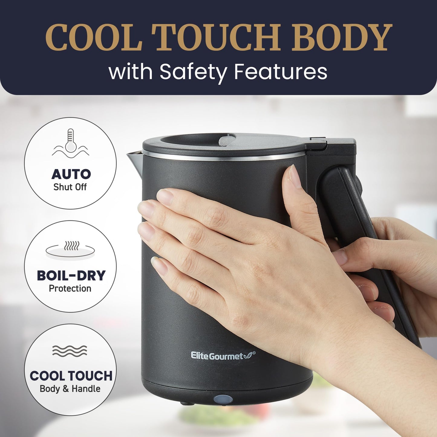 Elite Gourmet 1.7L Dual Wall Cool Touch Electric Tea Kettle, Borosilicate Glass, 304 Stainless Steel Interior, Programmed Digital Touchscreen, Keep Warm, Auto Off & Audible Indicator, Black