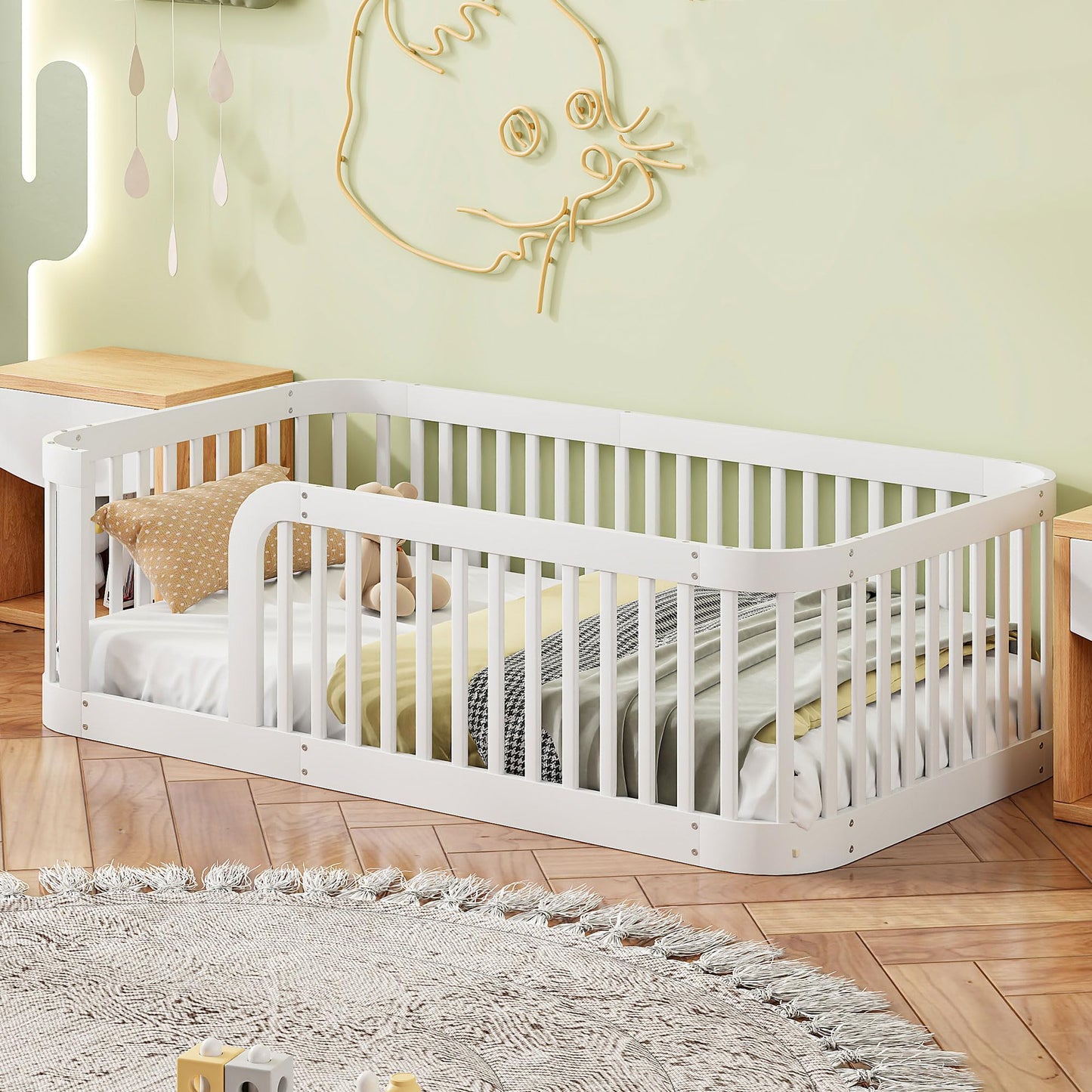 Bellemave Full Size Floor Bed with Slats and Safety Guardrail, Full Size Montessori Floor Bed with Fence and Door, Easy Assemble Montessori Beds for Kids, Girls, Boys, White