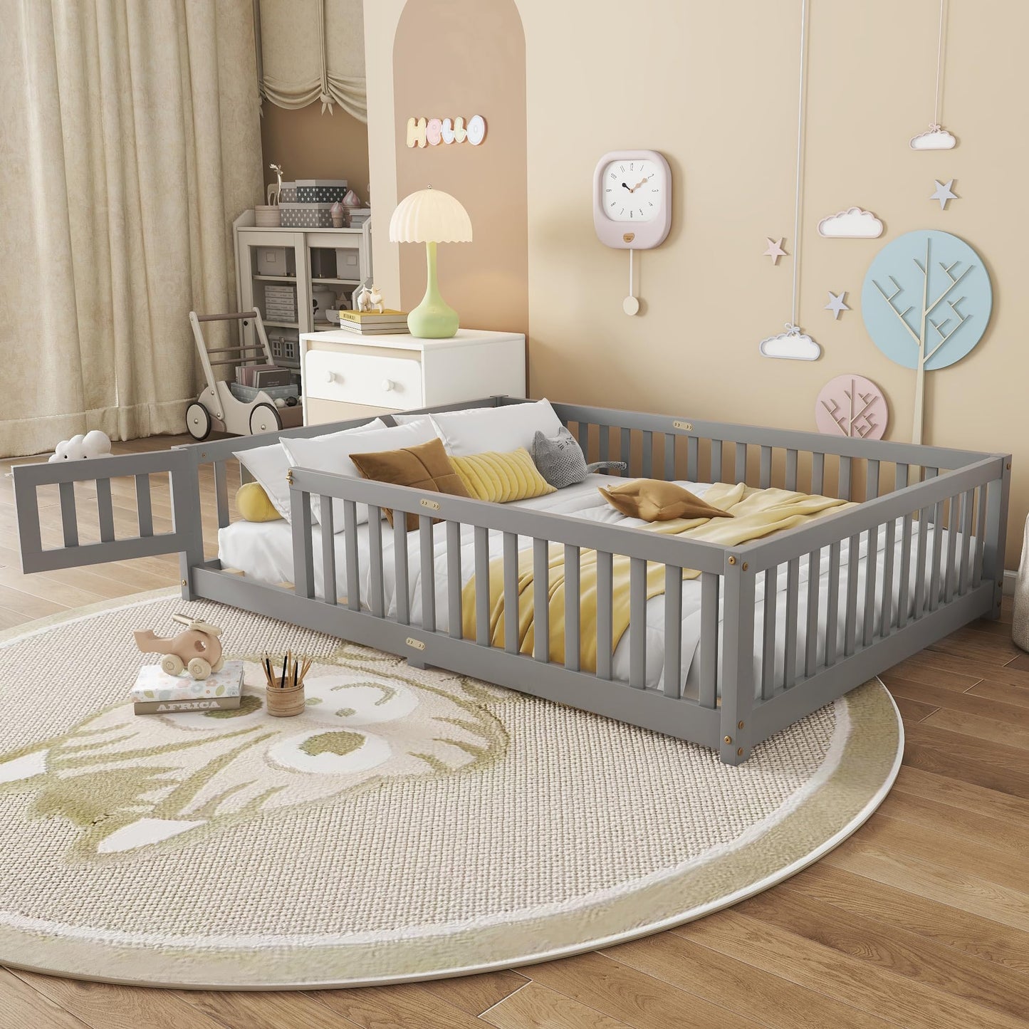 Bellemave Full Size Floor Bed with Slats and Safety Guardrail, Full Size Montessori Floor Bed with Fence and Door, Easy Assemble Montessori Beds for Kids, Girls, Boys, White
