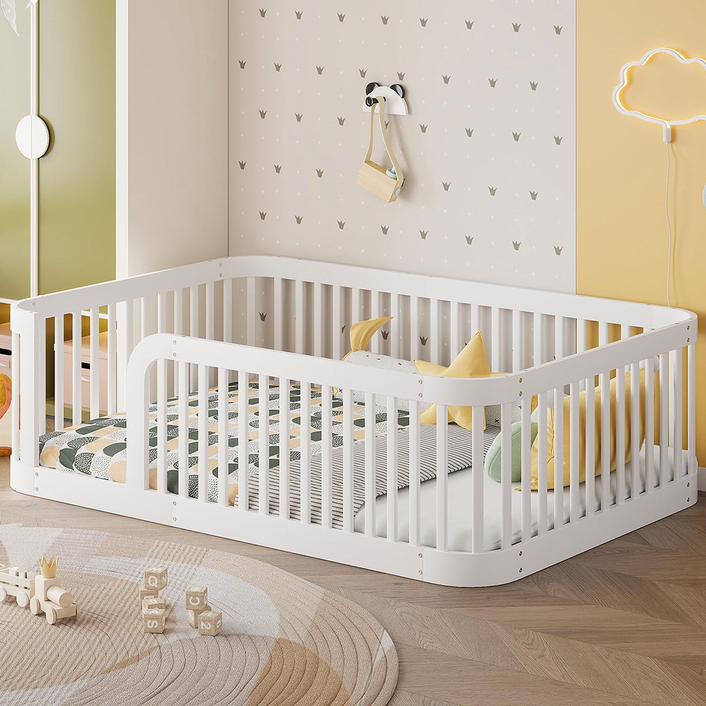 Bellemave Full Size Floor Bed with Slats and Safety Guardrail, Full Size Montessori Floor Bed with Fence and Door, Easy Assemble Montessori Beds for Kids, Girls, Boys, White