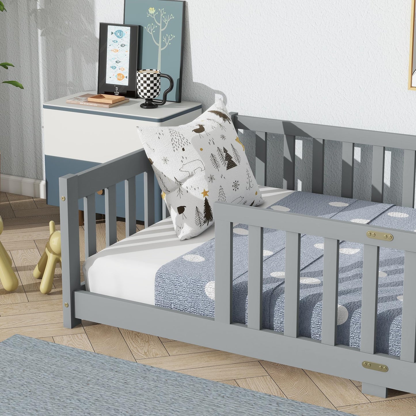 Bellemave Full Size Floor Bed with Slats and Safety Guardrail, Full Size Montessori Floor Bed with Fence and Door, Easy Assemble Montessori Beds for Kids, Girls, Boys, White