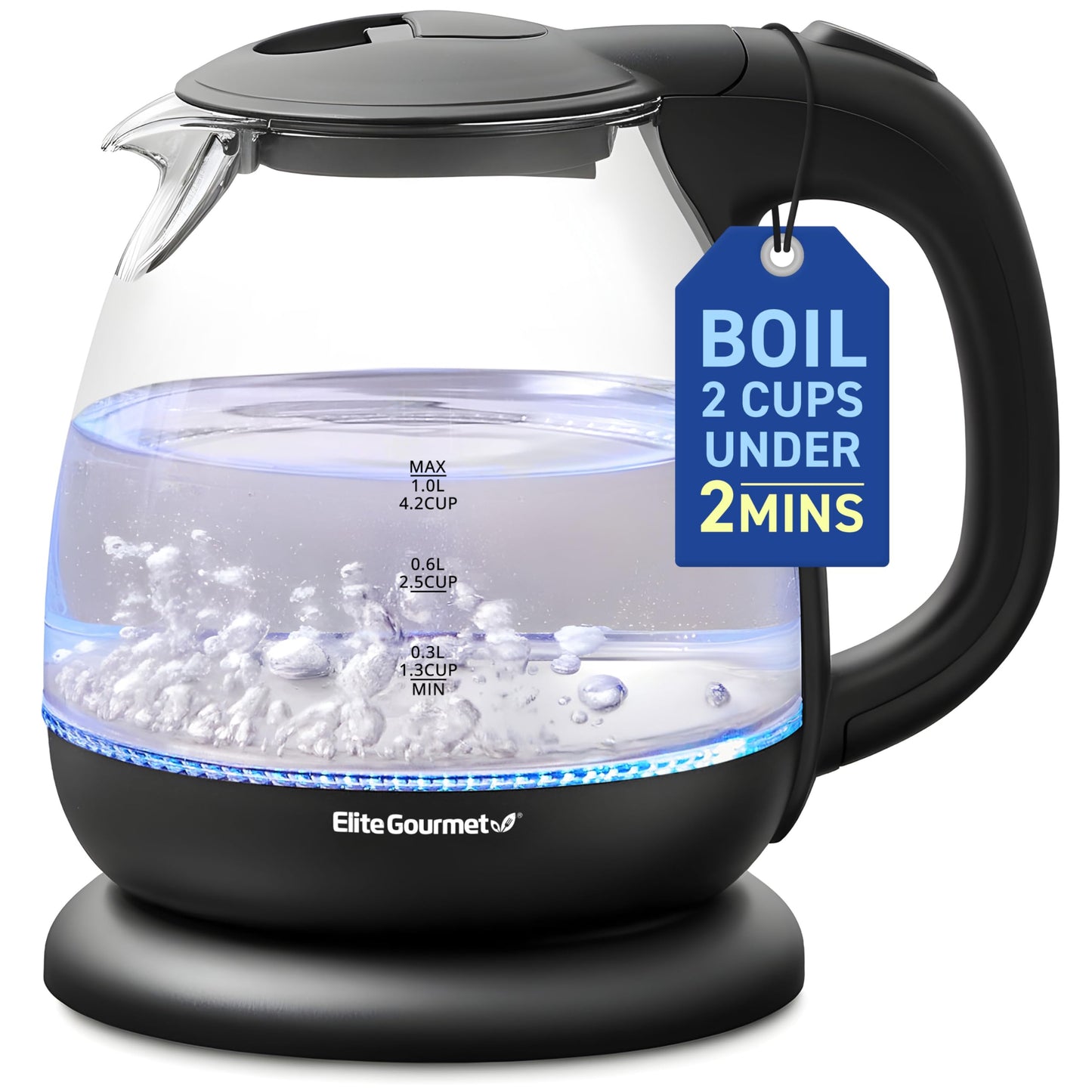 Elite Gourmet 1.7L Dual Wall Cool Touch Electric Tea Kettle, Borosilicate Glass, 304 Stainless Steel Interior, Programmed Digital Touchscreen, Keep Warm, Auto Off & Audible Indicator, Black